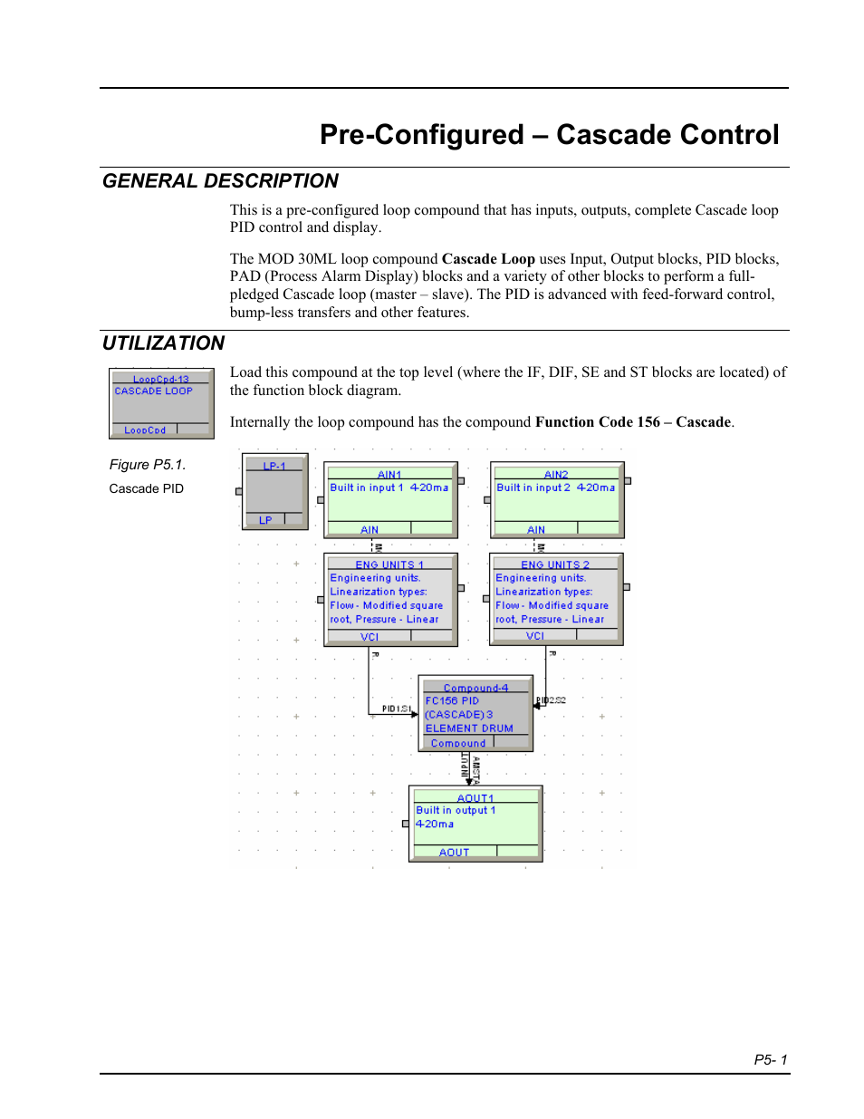 P5 pid cascade, General description, Utilization | Pre-configured – cascade control | Micromod RetroPAK: SLC Configuration Manual User Manual | Page 169 / 394