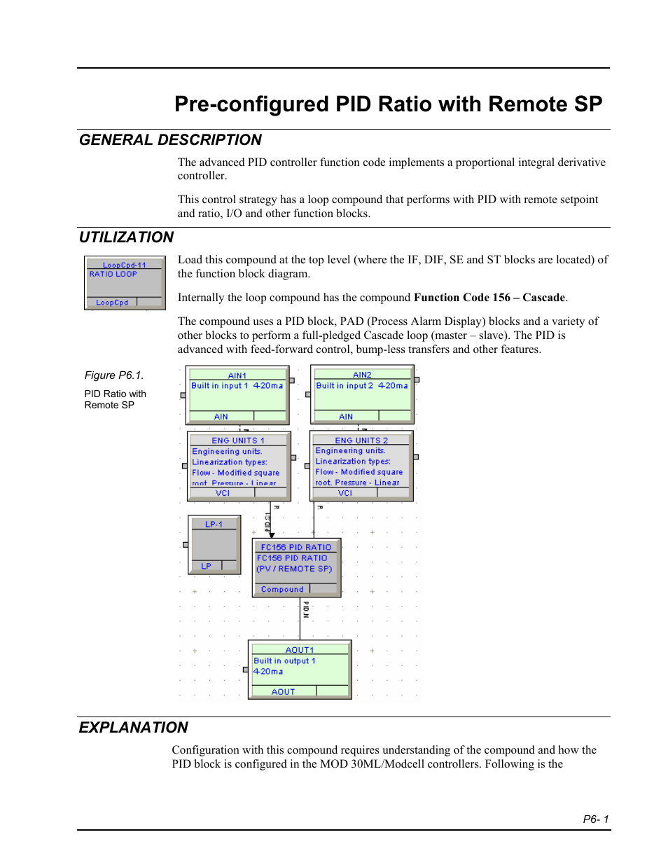 P6 pid ratio, General description, Utilization | Explanation, Pre-configured pid ratio with remote sp | Micromod RetroPAK: SLC Configuration Manual User Manual | Page 187 / 394