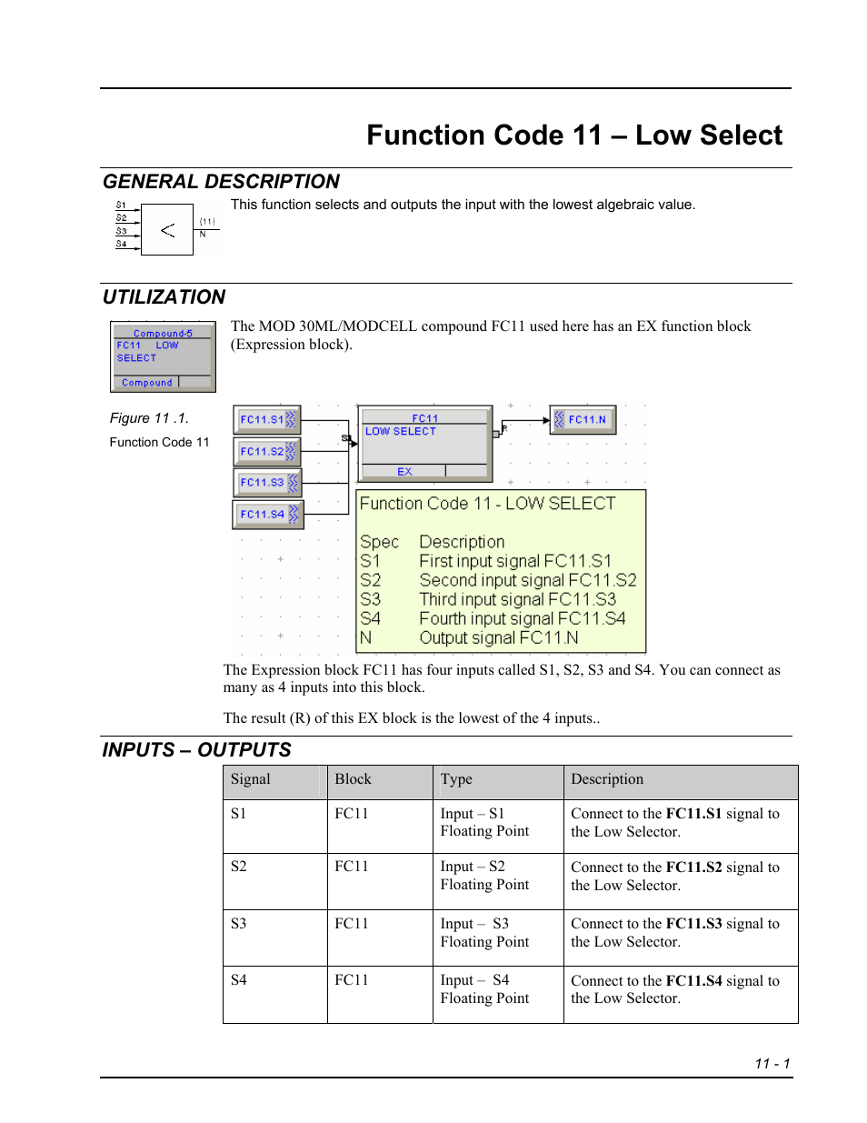 Fc11 - low select, General description, Utilization | Inputs – outputs, Function code 11 – low select | Micromod RetroPAK: SLC Configuration Manual User Manual | Page 239 / 394