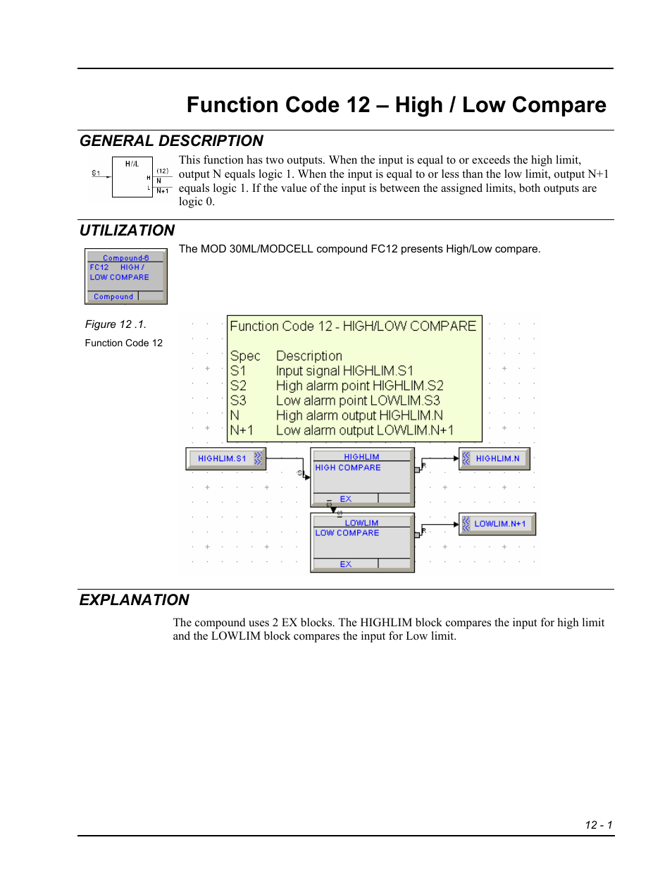 Fc12 - high / low compare, General description, Utilization | Explanation, Function code 12 – high / low compare | Micromod RetroPAK: SLC Configuration Manual User Manual | Page 241 / 394