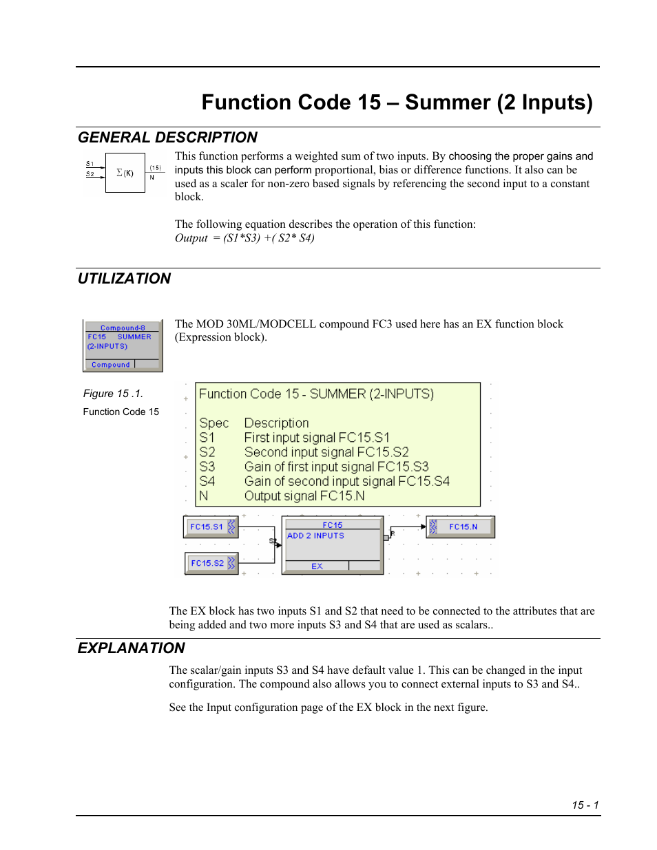 Fc15 - summer (2 inputs), General description, Utilization | Explanation, Function code 15 – summer (2 inputs) | Micromod RetroPAK: SLC Configuration Manual User Manual | Page 247 / 394