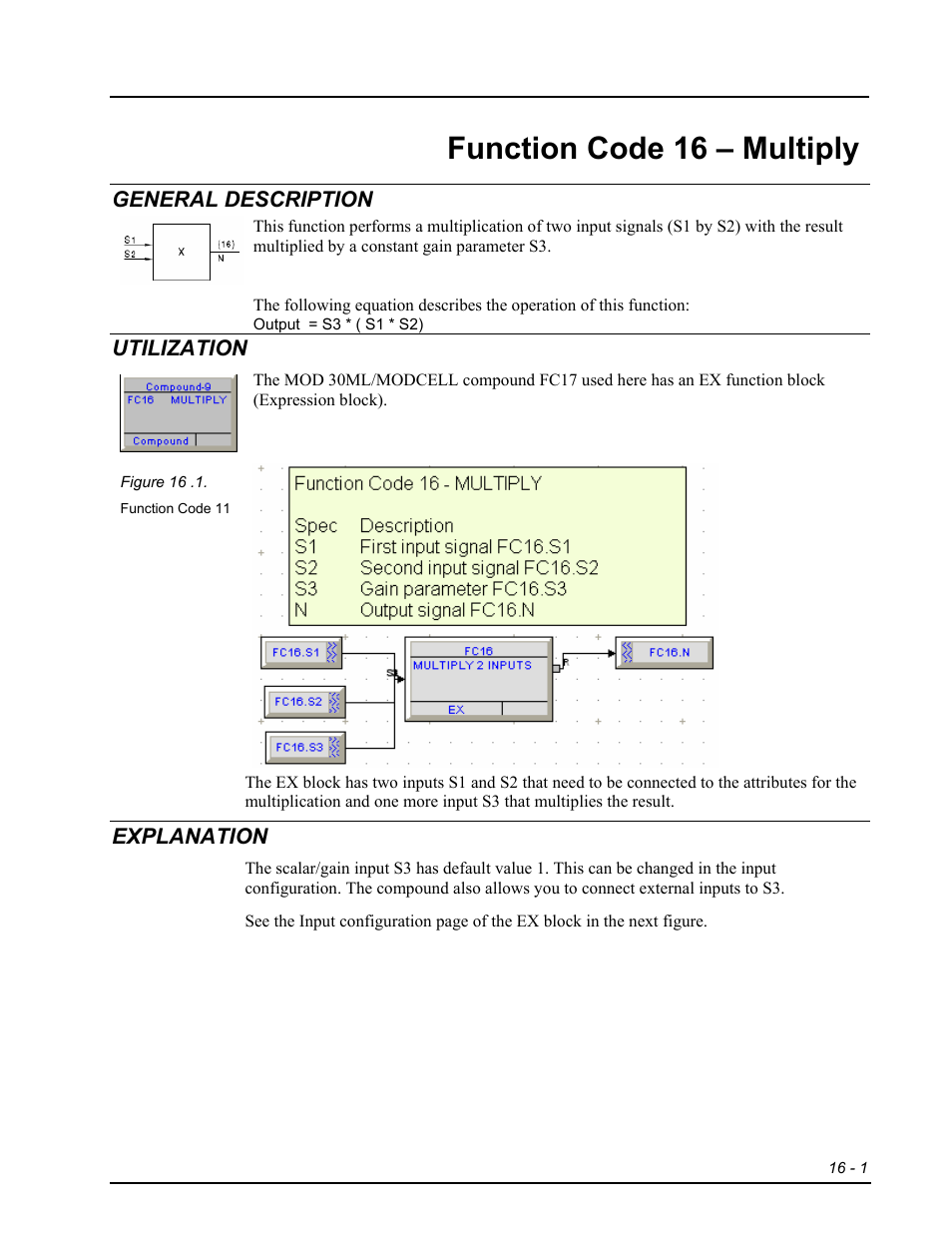 Fc16 - multiply, General description, Utilization | Explanation, Function code 16 – multiply | Micromod RetroPAK: SLC Configuration Manual User Manual | Page 249 / 394