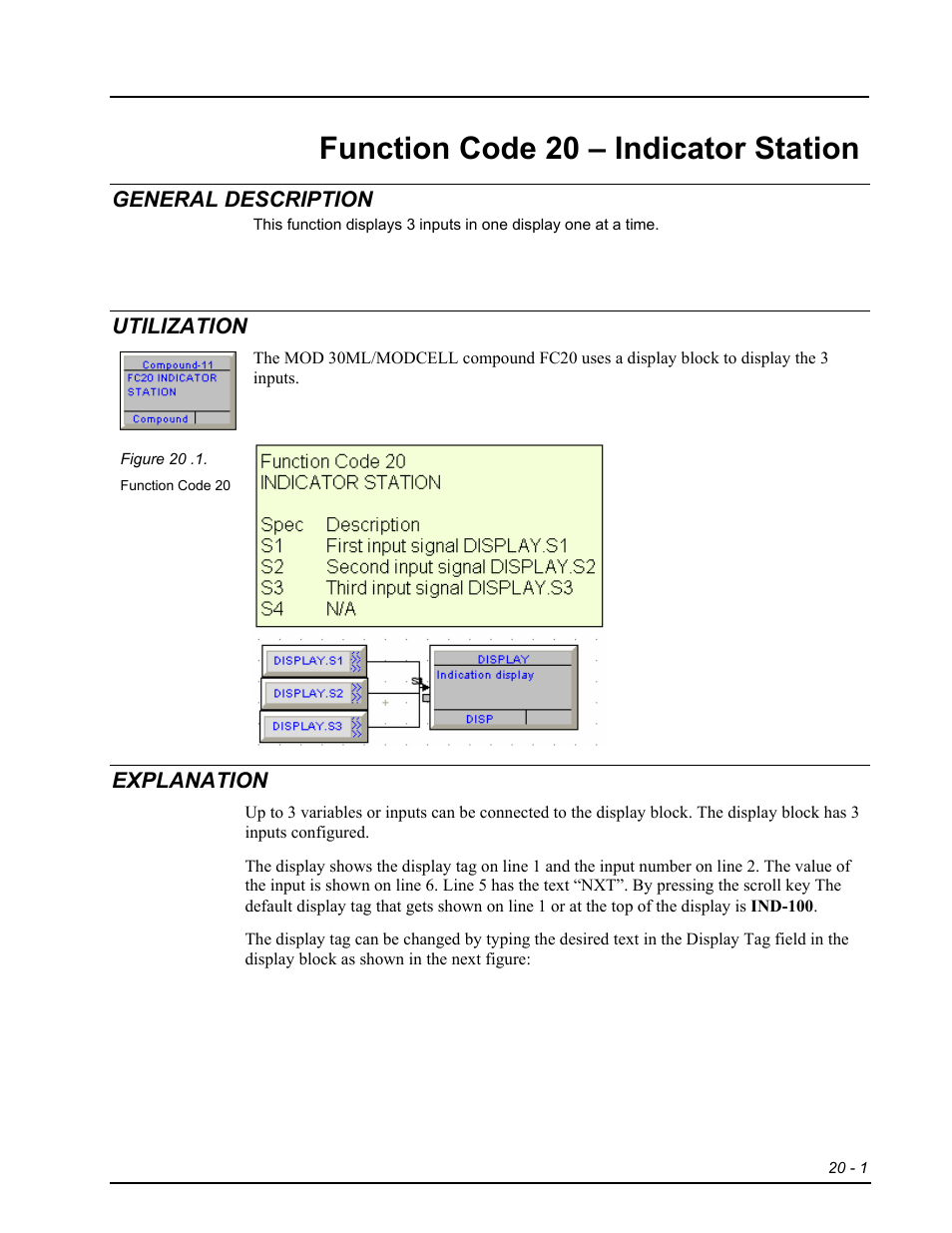 Fc20 - indicator station, General description, Utilization | Explanation, Function code 20 – indicator station | Micromod RetroPAK: SLC Configuration Manual User Manual | Page 253 / 394