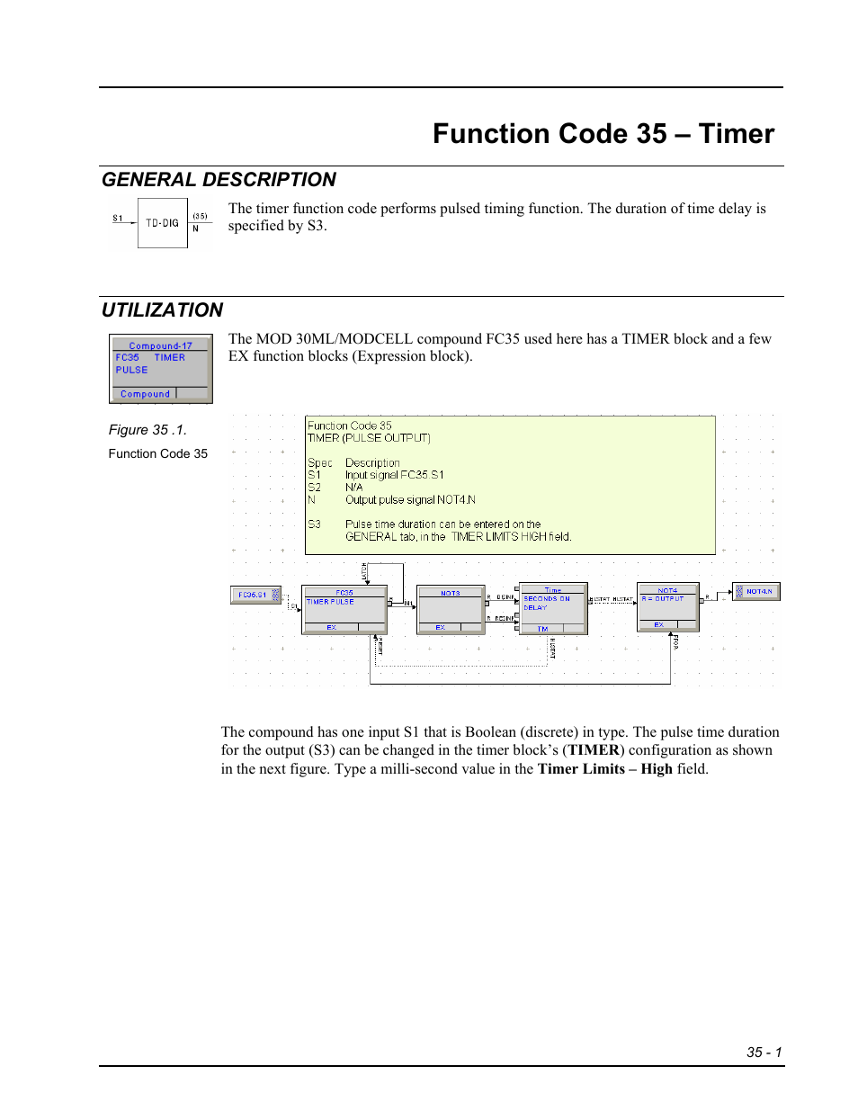 Fc35 - timer, General description, Utilization | Function code 35 – timer | Micromod RetroPAK: SLC Configuration Manual User Manual | Page 271 / 394