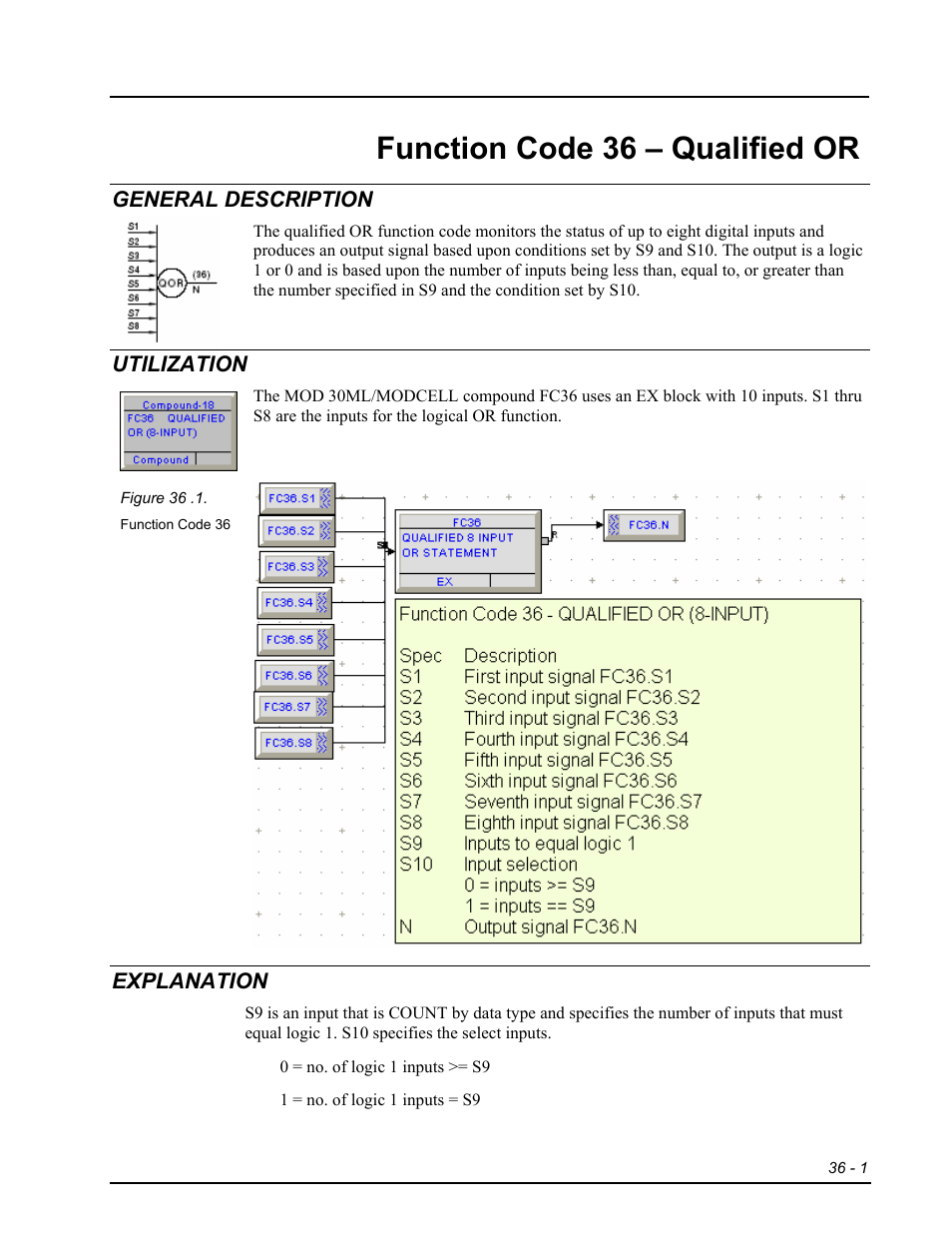 Fc36 - qualified or, General description, Utilization | Explanation, Function code 36 – qualified or | Micromod RetroPAK: SLC Configuration Manual User Manual | Page 275 / 394