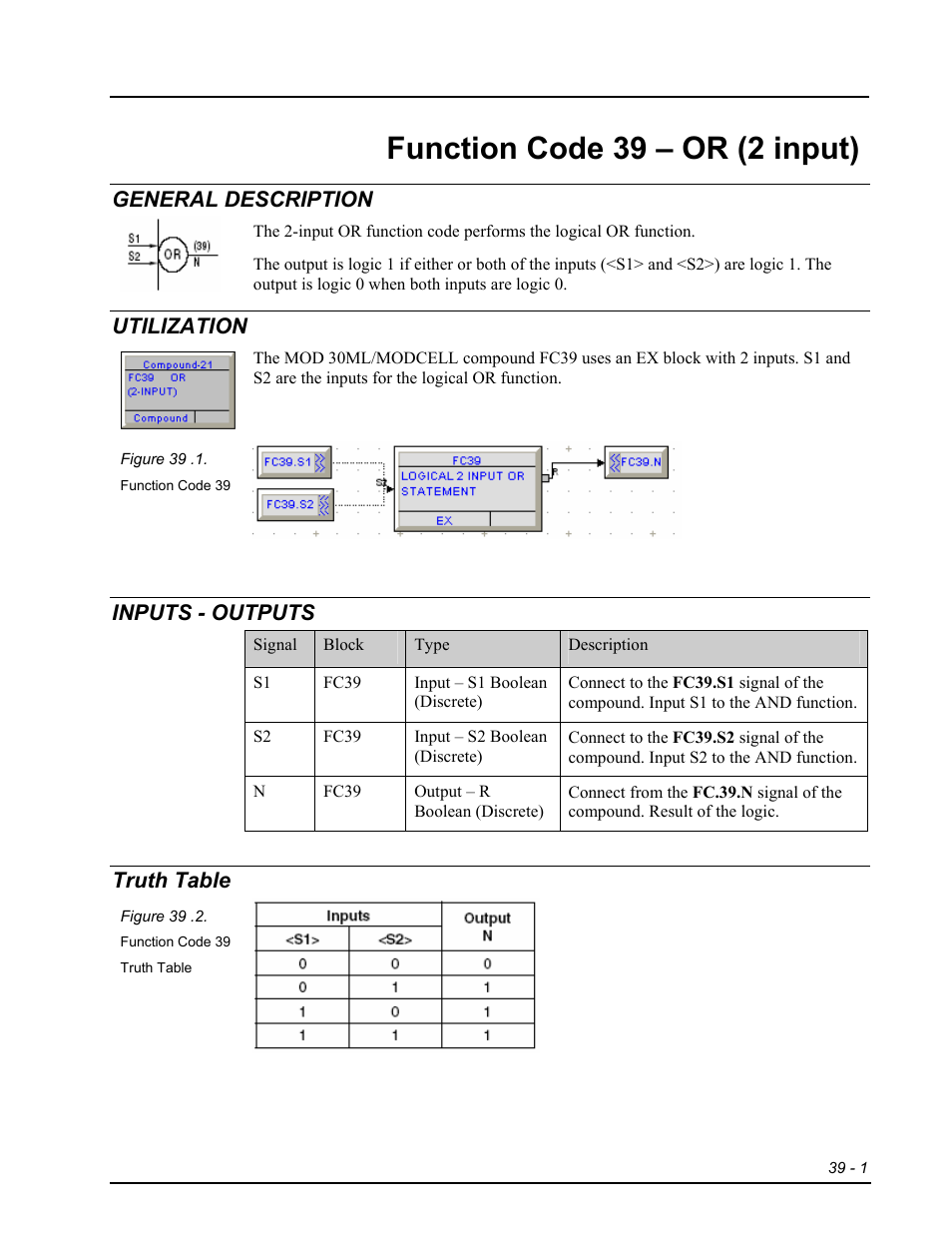 Fc39 - or (2 input), General description, Utilization | Inputs - outputs, Truth table, Function code 39 – or (2 input) | Micromod RetroPAK: SLC Configuration Manual User Manual | Page 283 / 394