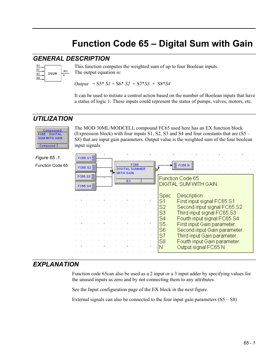 Fc65 - digital sum with gain, General description, Utilization | Explanation, Function code 65 – digital sum with gain | Micromod RetroPAK: SLC Configuration Manual User Manual | Page 291 / 394