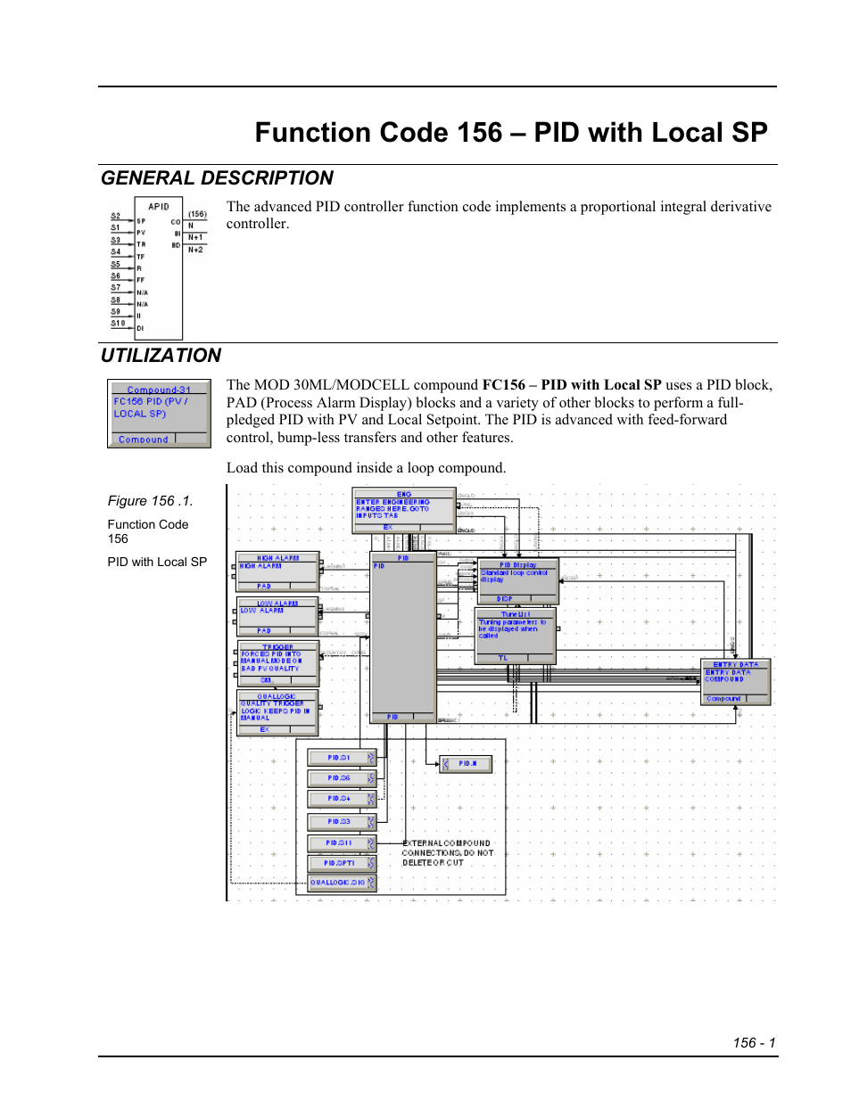 Fc156 - pid with local sp, General description, Utilization | Function code 156 – pid with local sp | Micromod RetroPAK: SLC Configuration Manual User Manual | Page 295 / 394