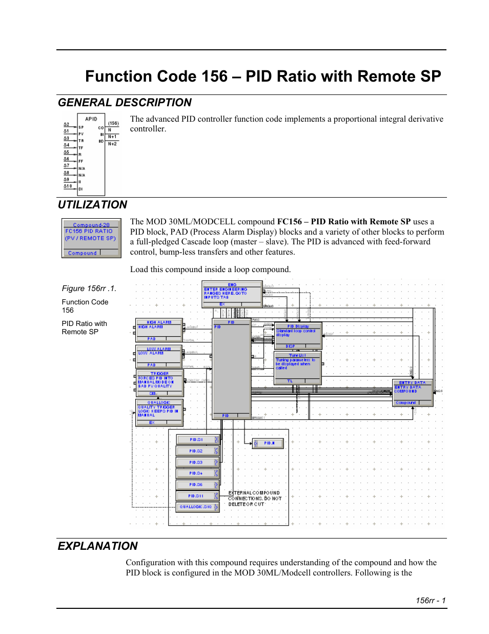 Fc156 - pid ratio with rsp, General description, Utilization | Explanation, Function code 156 – pid ratio with remote sp | Micromod RetroPAK: SLC Configuration Manual User Manual | Page 345 / 394