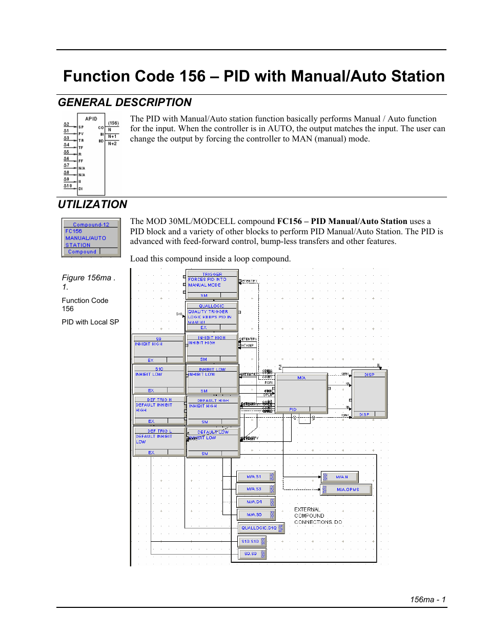 Fc 156 pid with manual / auto station, General description, Utilization | Function code 156 – pid with manual/auto station | Micromod RetroPAK: SLC Configuration Manual User Manual | Page 363 / 394