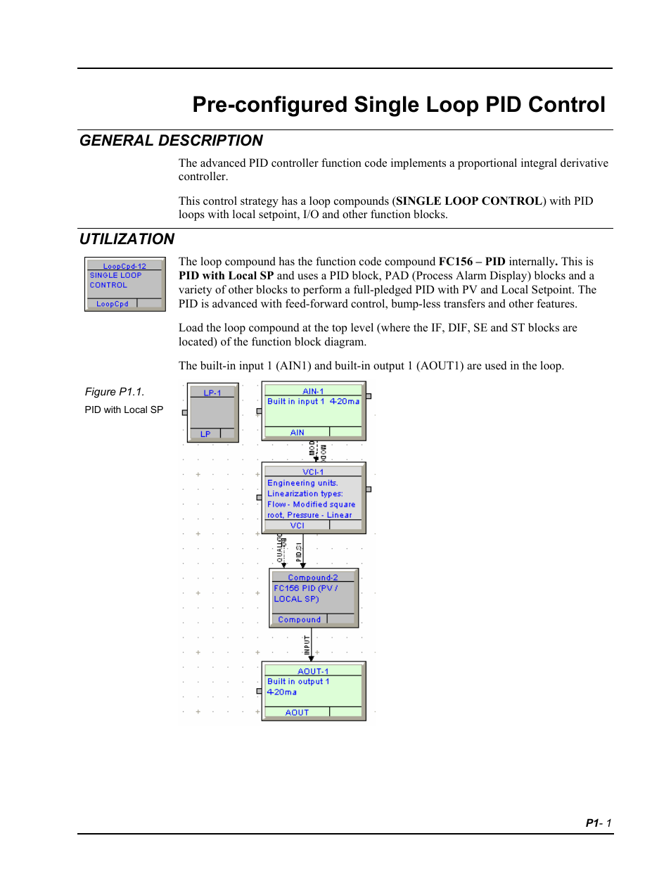 P1 single loop, General description, Utilization | Pre-configured single loop pid control | Micromod RetroPAK: SLC Configuration Manual User Manual | Page 87 / 394