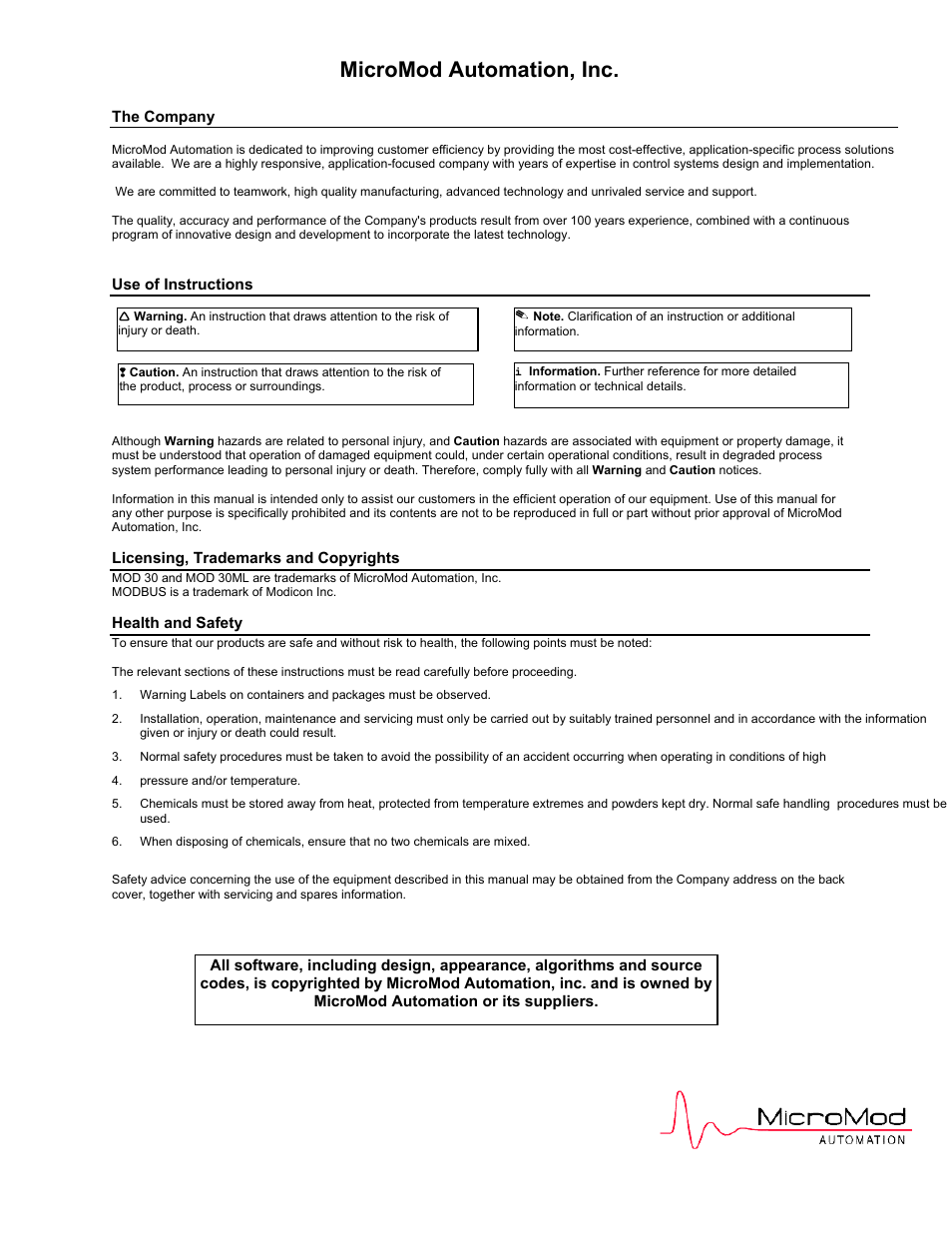Micromod automation, inc | Micromod MOD: 30ML Operation and Template Setup User Manual | Page 2 / 84