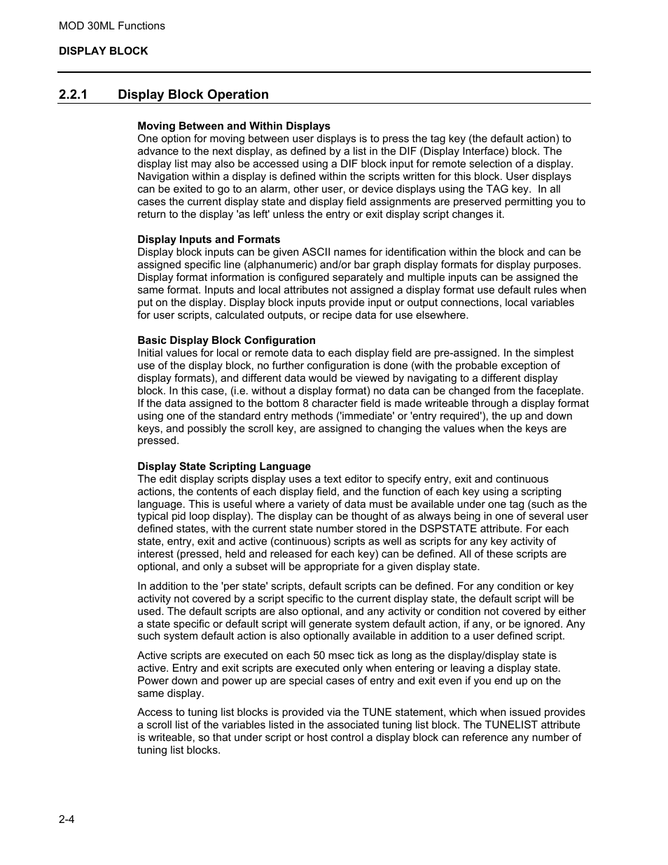 Display block operation, Moving between and within displays, Display inputs and formats | Basic display block configuration, Display state scripting language | Micromod MOD: 30ML Functions Data Base Reference User Manual | Page 12 / 152