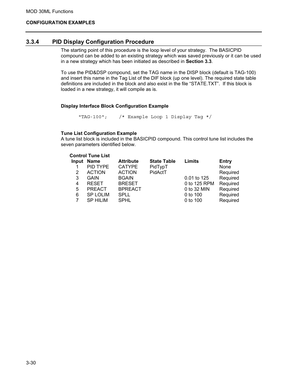 Pid display configuration procedure, Display interface block configuration example, Tune list configuration example | Micromod MOD: 30ML Functions Data Base Reference User Manual | Page 124 / 152