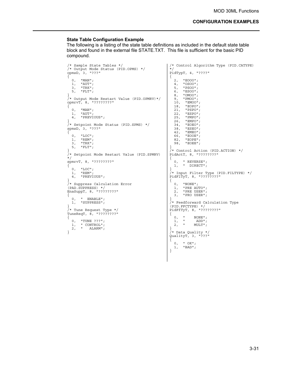 State table configuration example | Micromod MOD: 30ML Functions Data Base Reference User Manual | Page 125 / 152