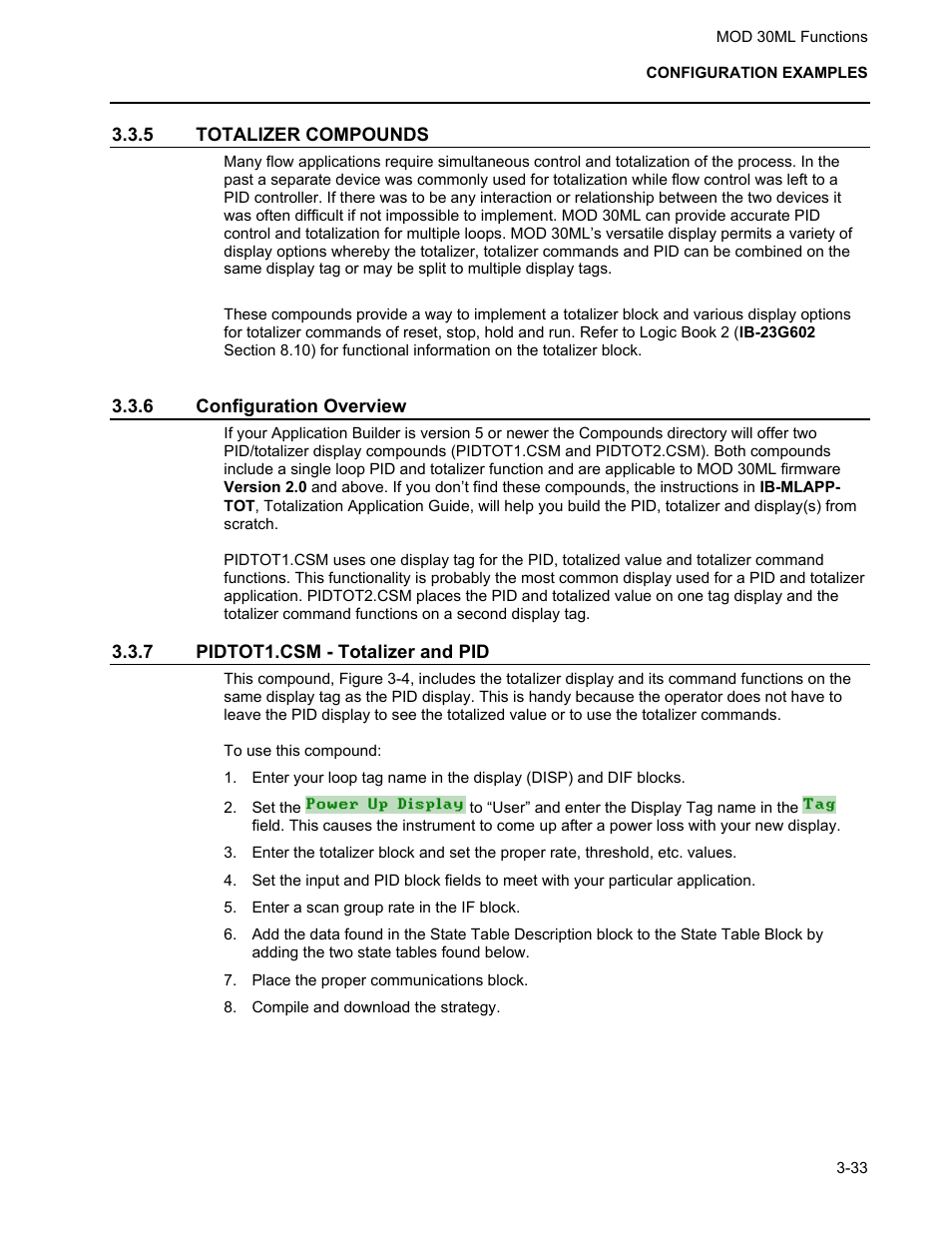 Totalizer compounds, Configuration overview, Pidtot1.csm - totalizer and pid | Micromod MOD: 30ML Functions Data Base Reference User Manual | Page 127 / 152