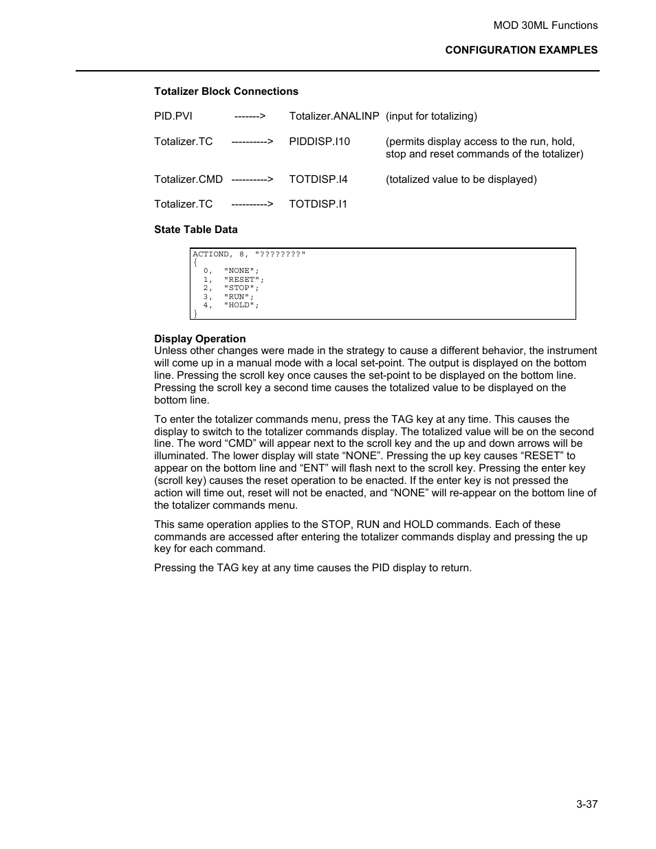 Totalizer block connections, State table data, Display operation | Micromod MOD: 30ML Functions Data Base Reference User Manual | Page 131 / 152