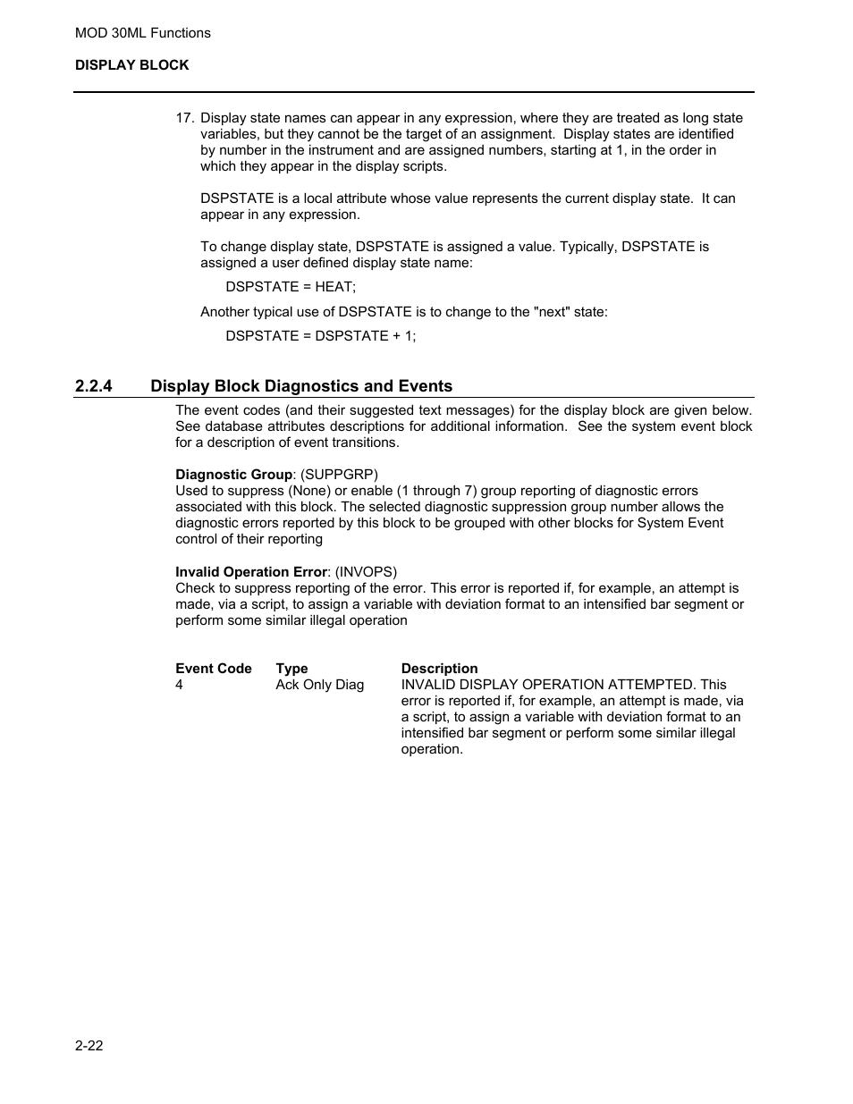 Display block diagnostics and events | Micromod MOD: 30ML Functions Data Base Reference User Manual | Page 30 / 152