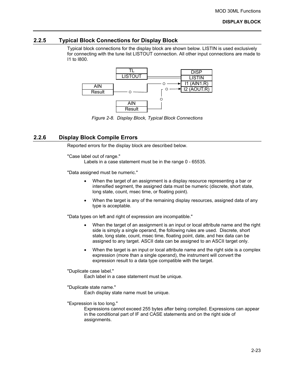 Typical block connections for display block, Display block compile errors | Micromod MOD: 30ML Functions Data Base Reference User Manual | Page 31 / 152