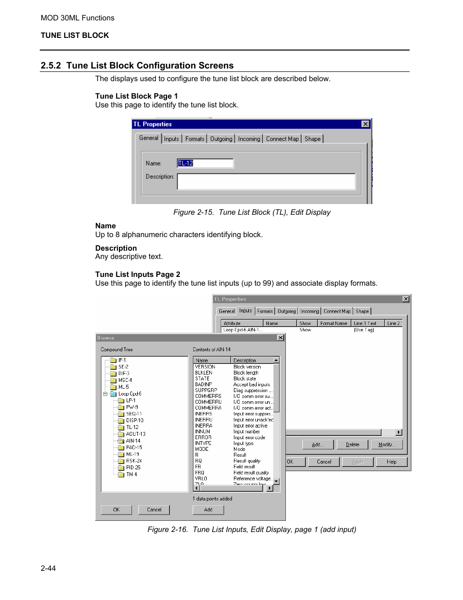 Tune list block configuration screens | Micromod MOD: 30ML Functions Data Base Reference User Manual | Page 52 / 152