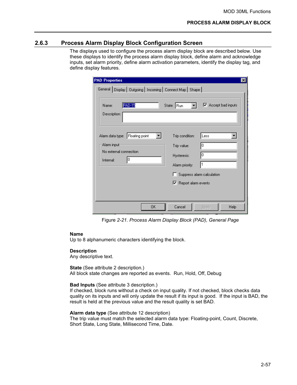 Process alarm display block configuration screen | Micromod MOD: 30ML Functions Data Base Reference User Manual | Page 65 / 152