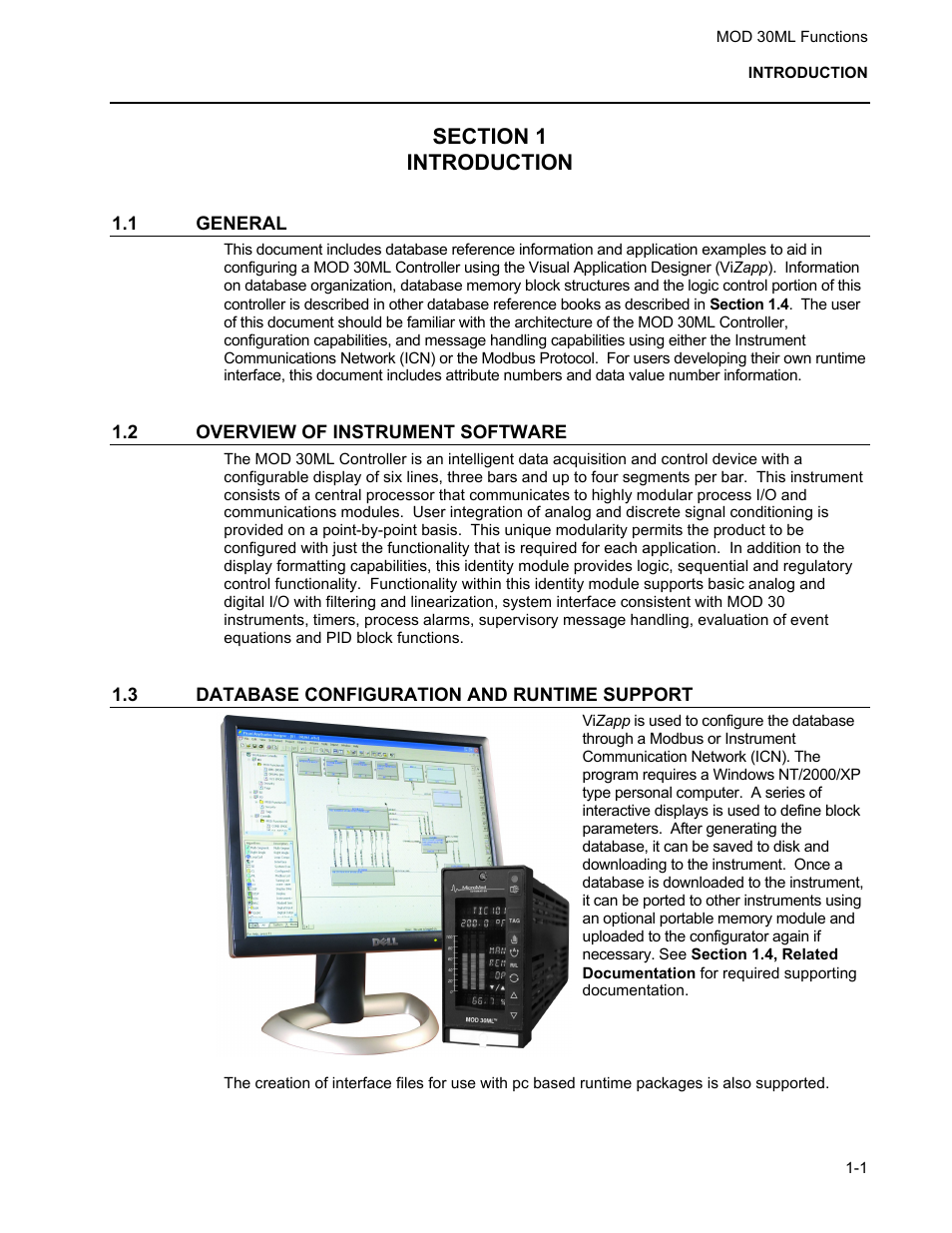 Section 1 introduction, 1 general, 2 overview of instrument software | Database configuration and runtime support | Micromod MOD: 30ML Functions Data Base Reference User Manual | Page 7 / 152