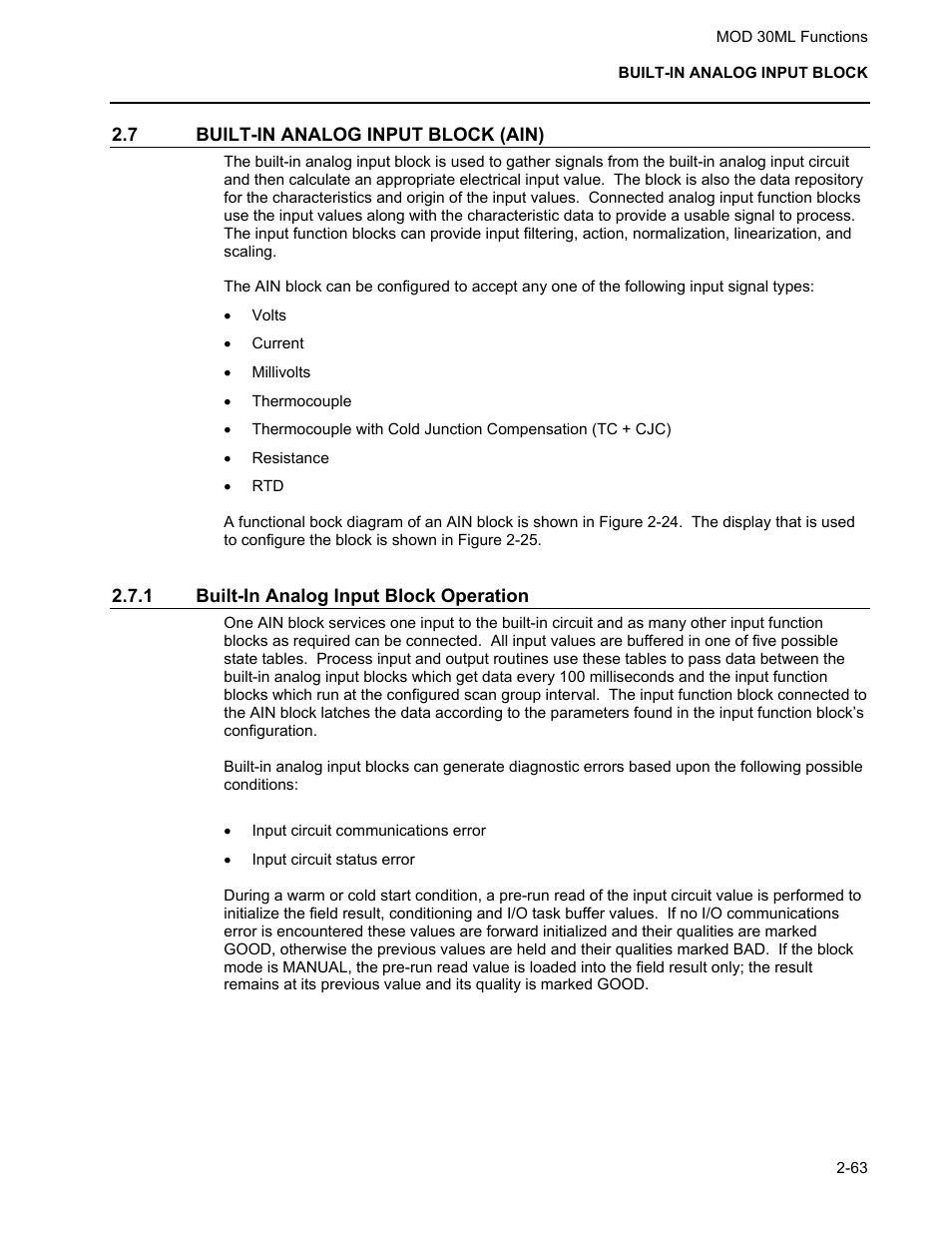 Built-in analog input block (ain), Built-in analog input block operation | Micromod MOD: 30ML Functions Data Base Reference User Manual | Page 71 / 152