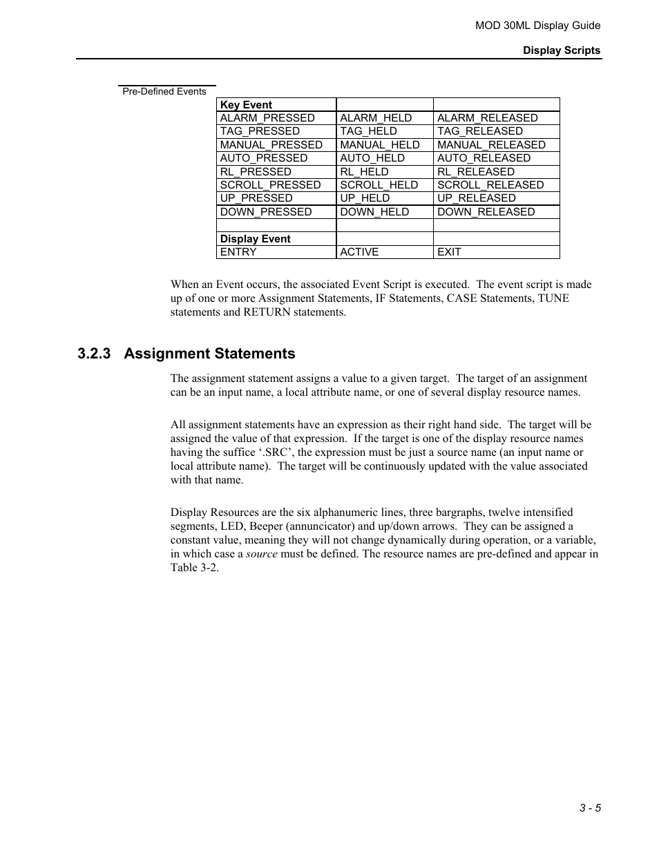 Key event, Display event, Assignment statements | 3 assignment statements | Micromod MOD: 30ML Display Script Guide User Manual | Page 43 / 98
