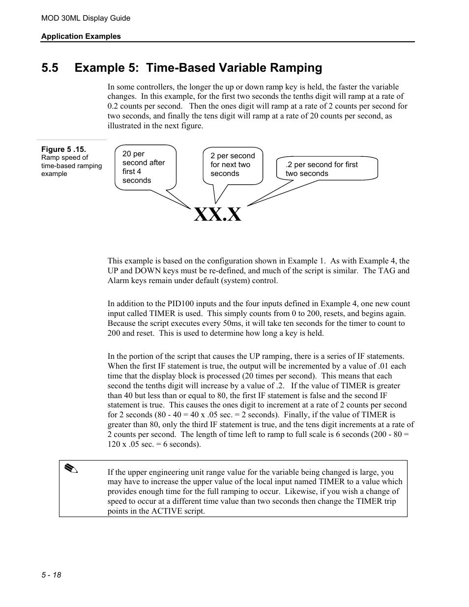 Example 5: time-based variable ramping, Xx.x | Micromod MOD: 30ML Display Script Guide User Manual | Page 72 / 98