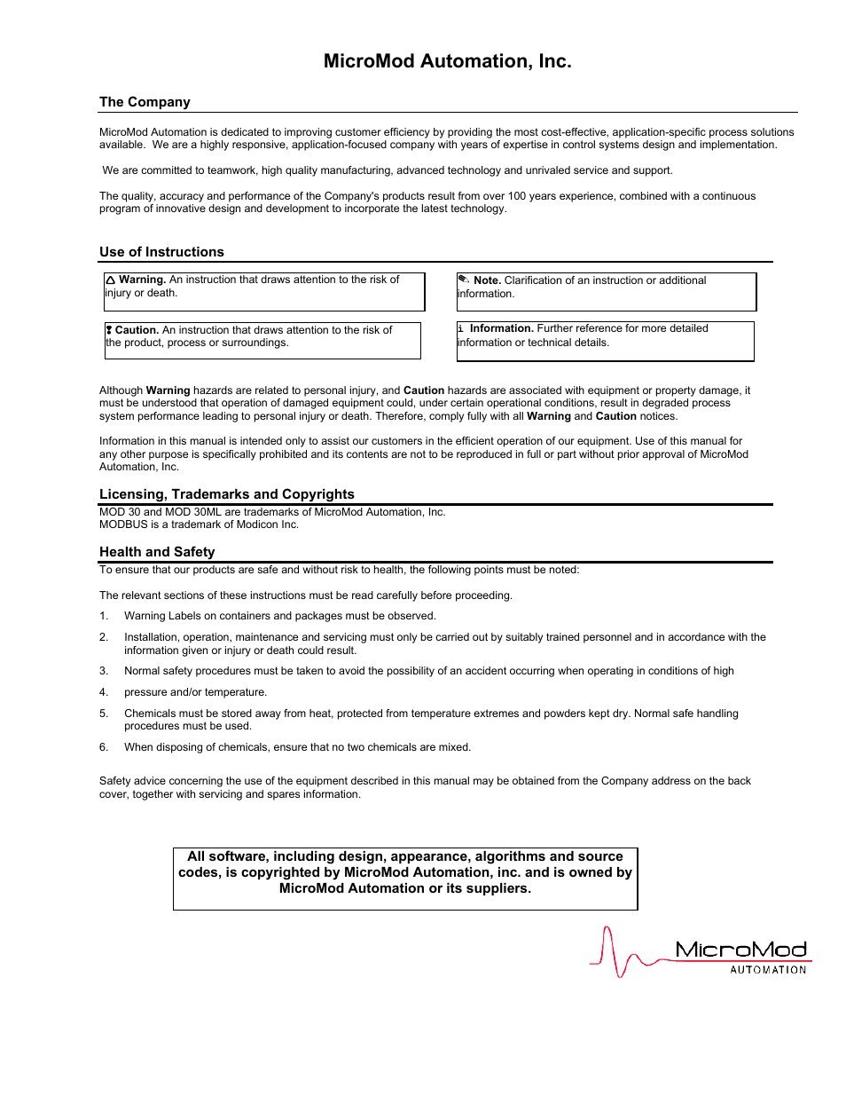 Micromod automation, inc | Micromod MOD: 30ML Controller Operation and Maintenance Training Manual User Manual | Page 2 / 74