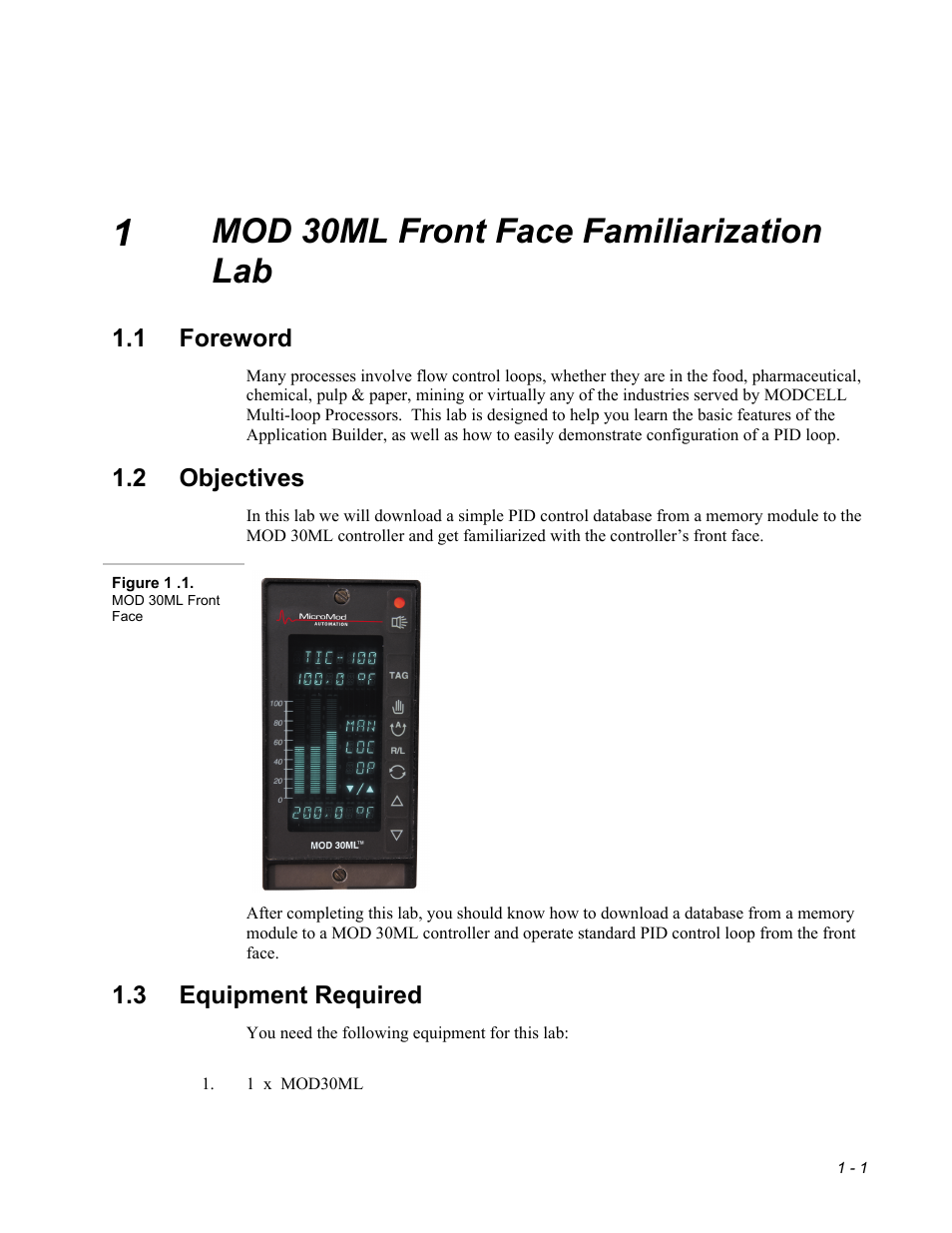 Mod 30ml front face familiarization lab, 1 foreword, 2 objectives | 3 equipment required | Micromod MOD: 30ML Controller Operation and Maintenance Training Manual User Manual | Page 3 / 74