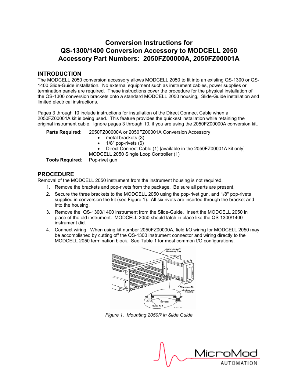 Micromod MOD: Modcell 2050R 2050FZ0, QS-1300/1400 to 2050R Conversion Accessory User Manual | 10 pages