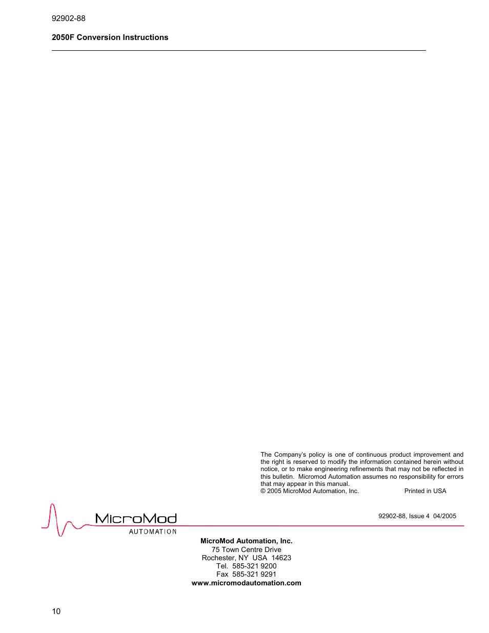 Micromod MOD: Modcell 2050R 2050FZ0, QS-1300/1400 to 2050R Conversion Accessory User Manual | Page 10 / 10