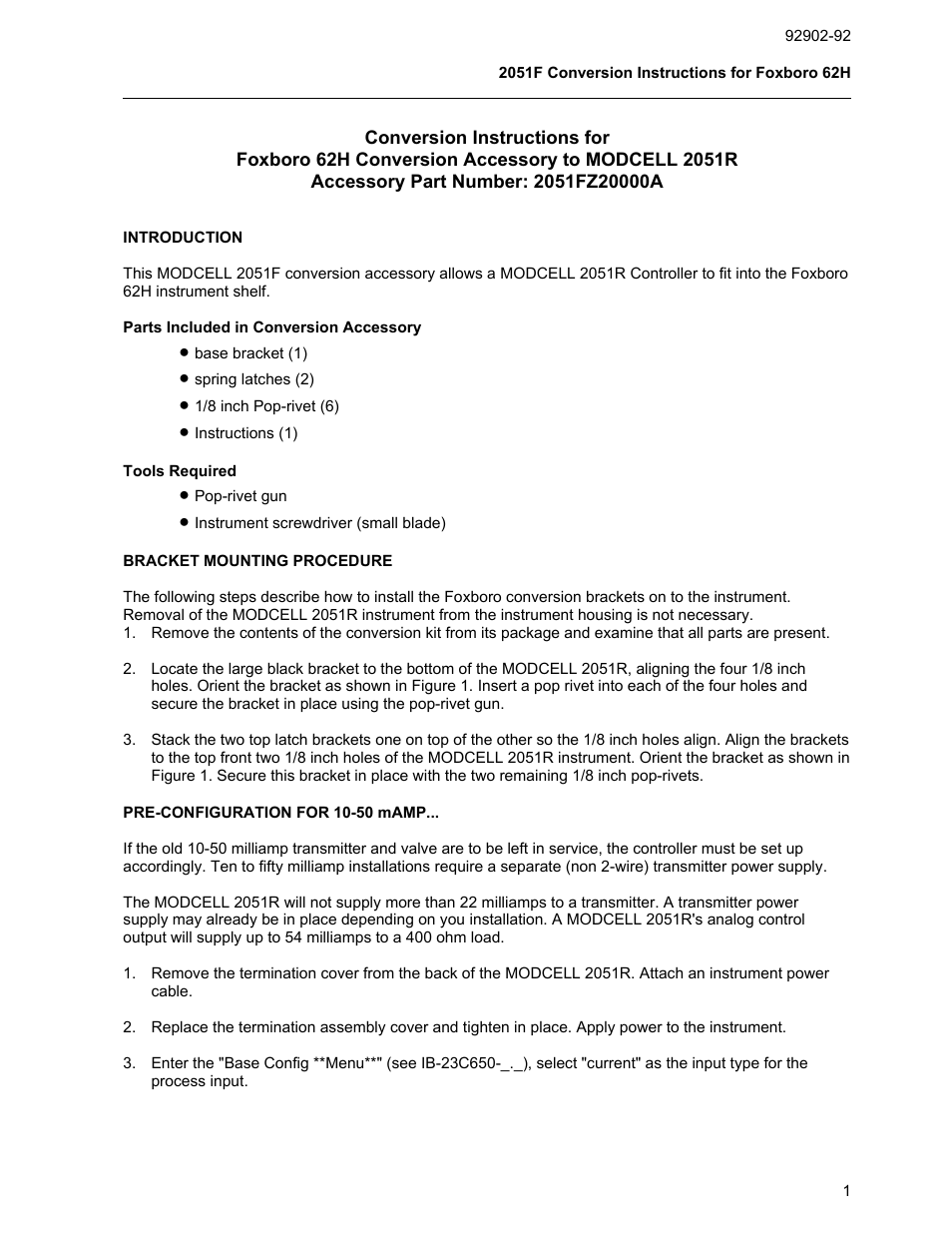 Micromod MOD: Modcell 2050R 2051FZ2, Foxboro 62H to 2050R Conversion Accessory User Manual | 4 pages