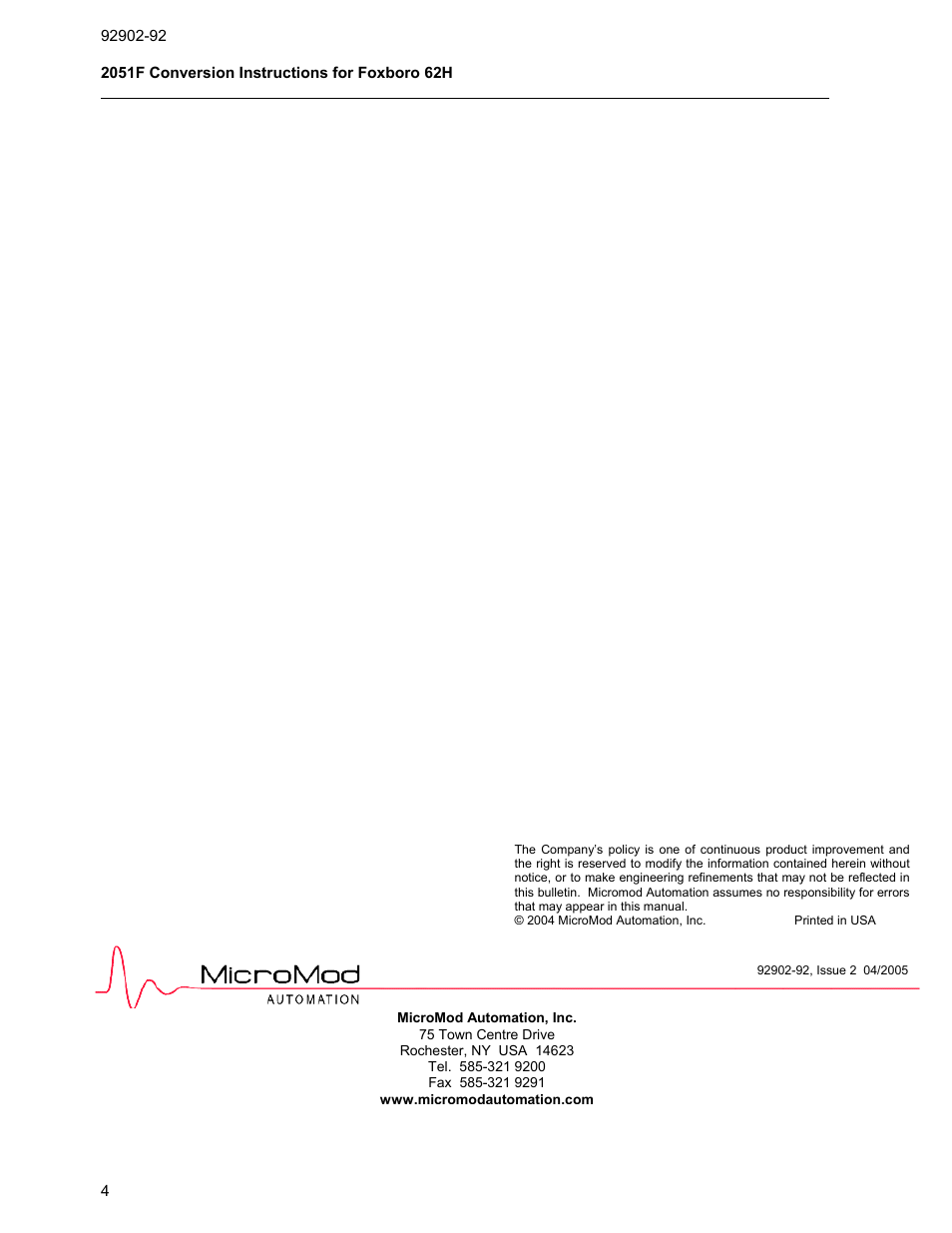 Micromod MOD: Modcell 2050R 2051FZ2, Foxboro 62H to 2050R Conversion Accessory User Manual | Page 4 / 4
