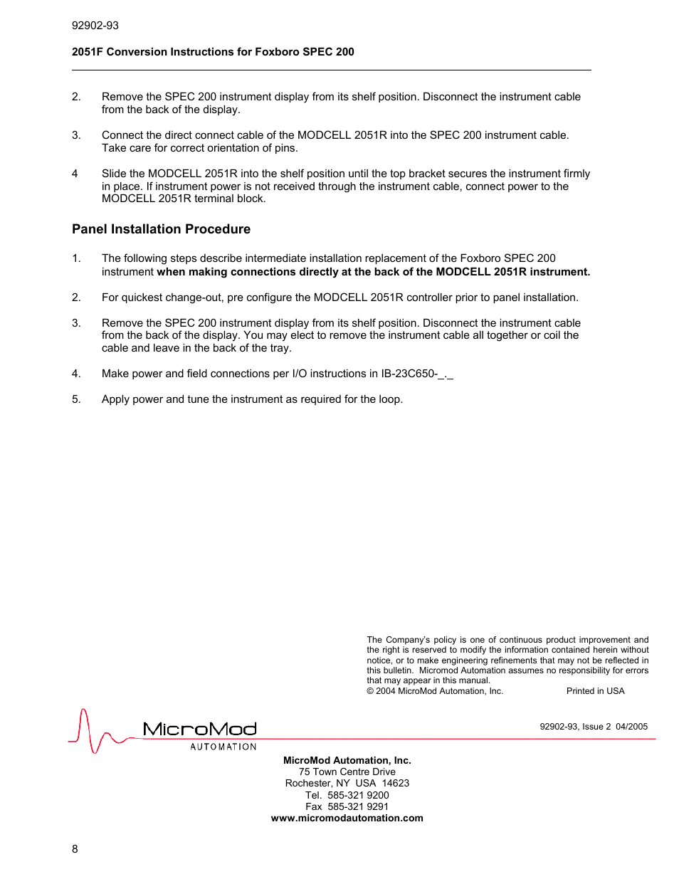 Panel installation procedure | Micromod MOD: Modcell 2050R 2051FZ1 and 2051FZ1, Foxboro SPEC 200 to 2050R Conversion Accessory User Manual | Page 4 / 4