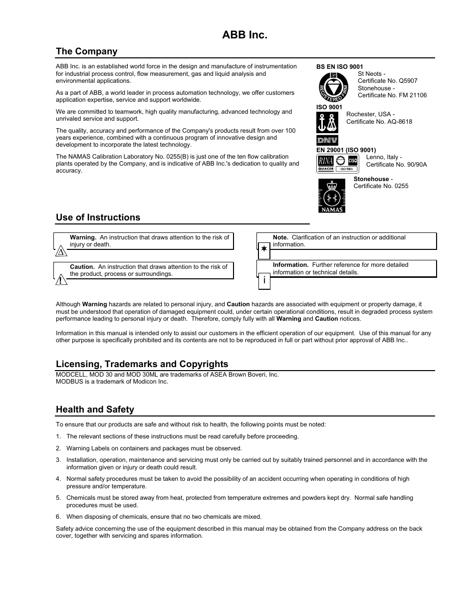 Abb inc, The company, Use of instructions | Licensing, trademarks and copyrights, Health and safety | Micromod MOD: ICN OPC Server Users Guide User Manual | Page 2 / 38