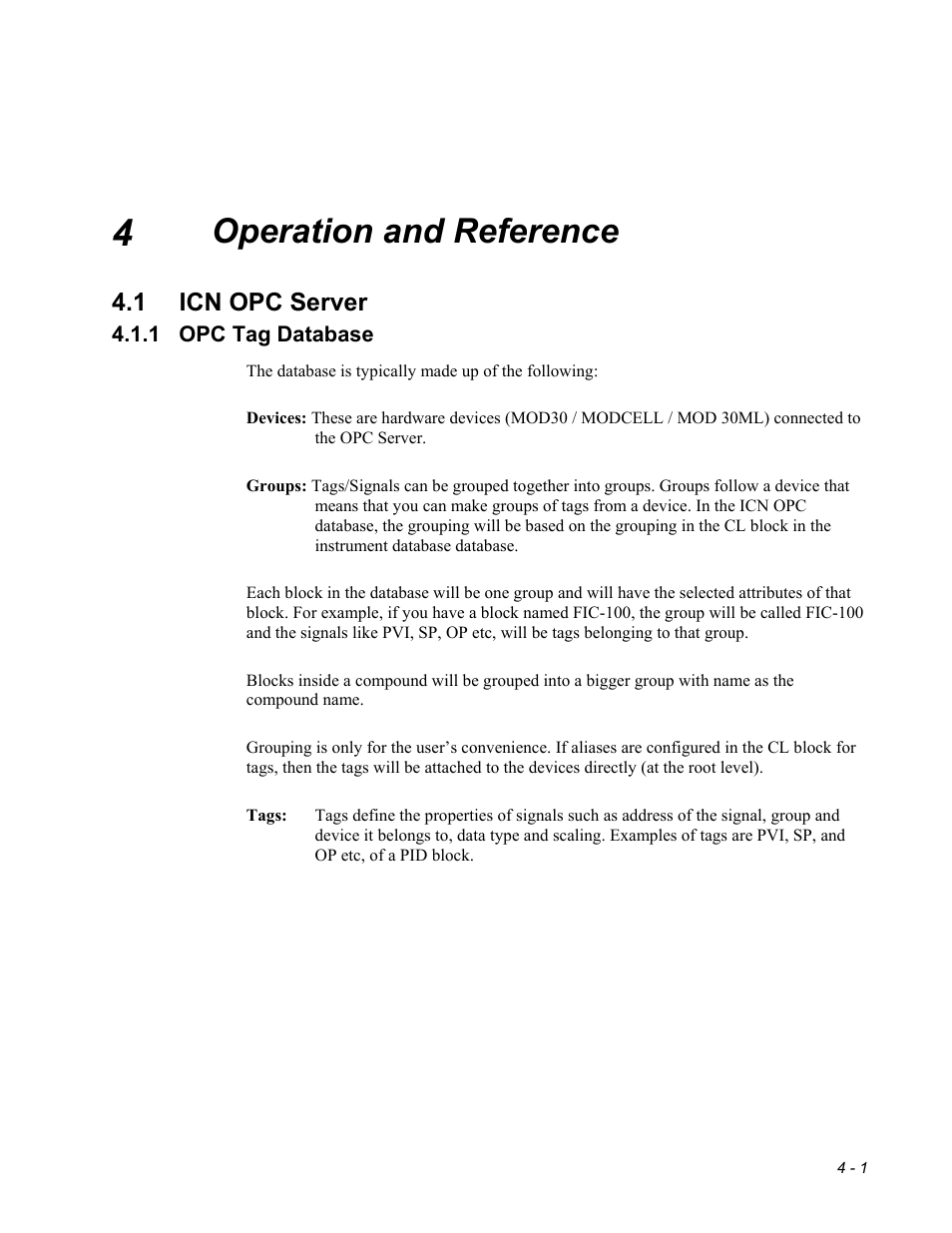 Ch4 operation and reference, Icn opc server, Opc tag database | Operation and reference, 1 icn opc server | Micromod MOD: ICN OPC Server Users Guide User Manual | Page 27 / 38