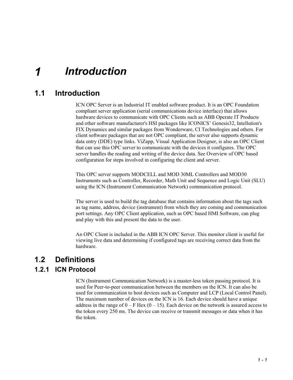 Ch1 introduction, Introduction, Definitions | Icn protocol | Micromod MOD: ICN OPC Server Users Guide User Manual | Page 3 / 38