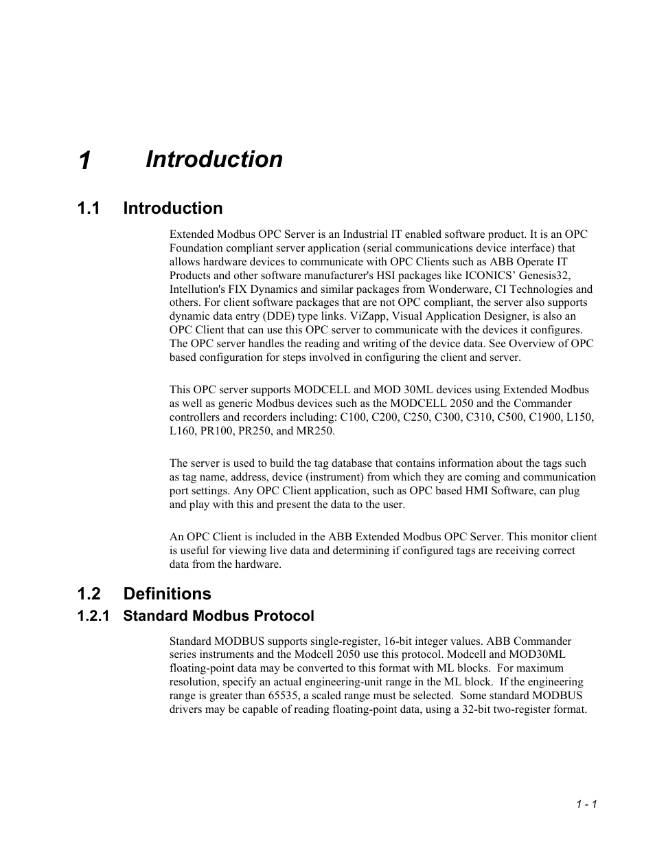 Introduction, Definitions, Standard modbus protocol | Micromod MOD: Extended Modbus (XModbus) OPC Server Users Guide User Manual | Page 3 / 42