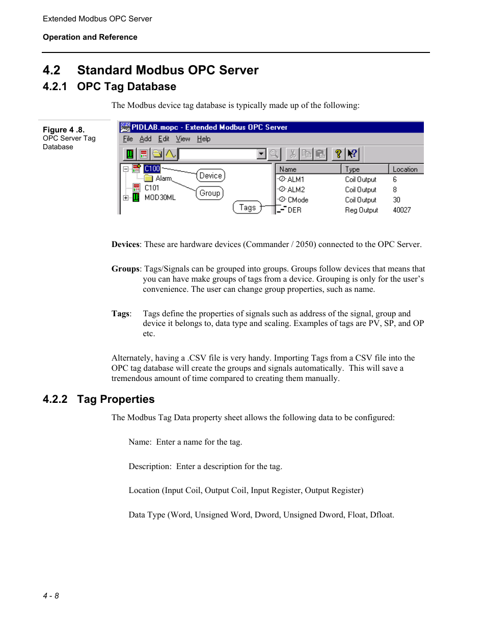 Standard modbus opc server, Opc tag database, Tag properties | 2 standard modbus opc server, 1 opc tag database, 2 tag properties | Micromod MOD: Extended Modbus (XModbus) OPC Server Users Guide User Manual | Page 34 / 42