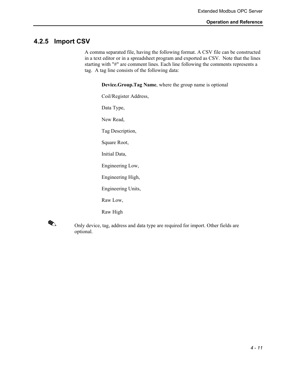 Import csv | Micromod MOD: Extended Modbus (XModbus) OPC Server Users Guide User Manual | Page 37 / 42