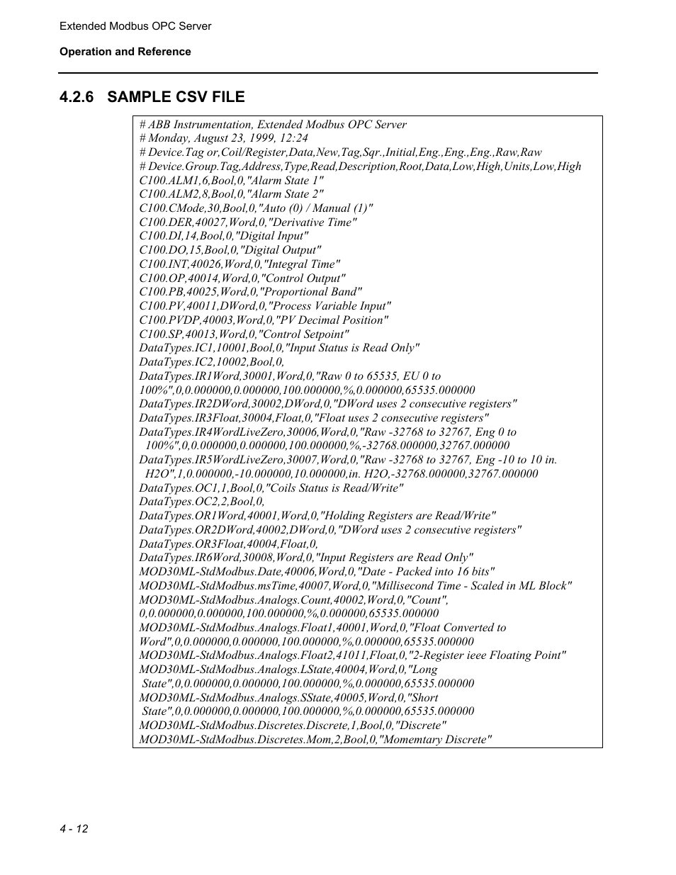 Sample csv file, 6 sample csv file | Micromod MOD: Extended Modbus (XModbus) OPC Server Users Guide User Manual | Page 38 / 42