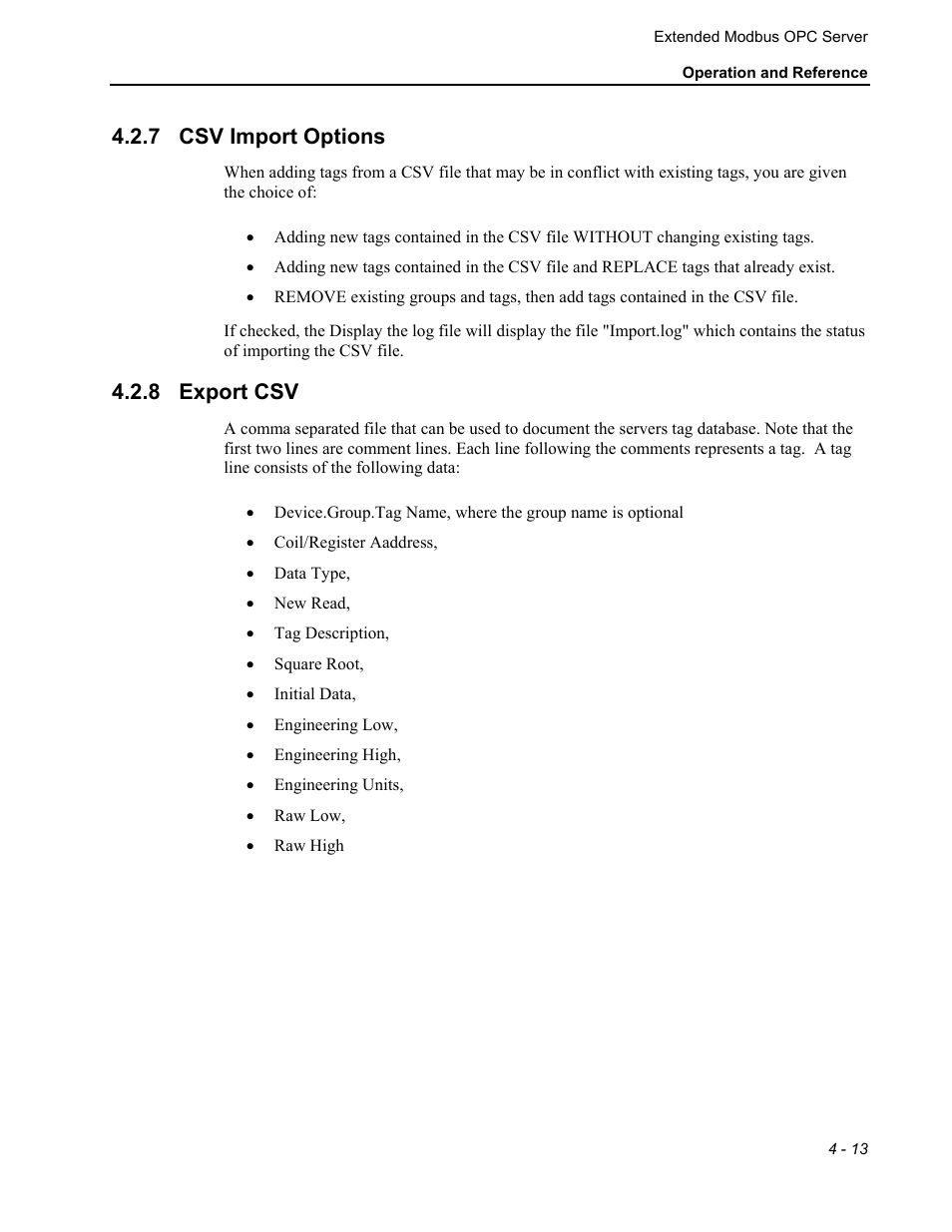 Csv import options, Export csv, 7 csv import options | 8 export csv | Micromod MOD: Extended Modbus (XModbus) OPC Server Users Guide User Manual | Page 39 / 42