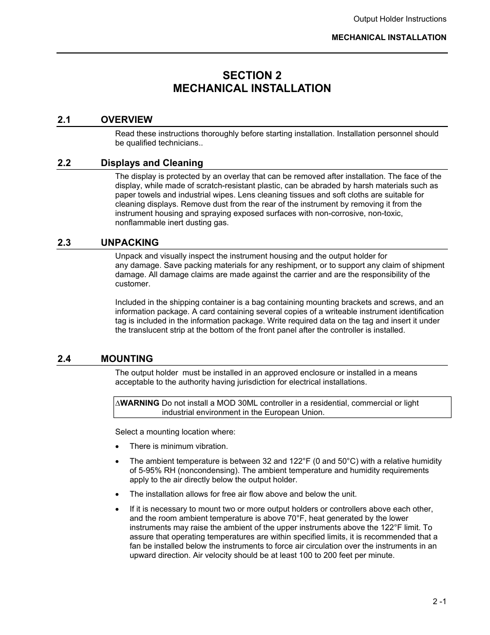 Section 2 mechanical installation, 1 overview, 2 displays and cleaning | 3 unpacking, 4 mounting | Micromod MOD: 1750N Output holder for MOD 30ML User Manual | Page 11 / 41