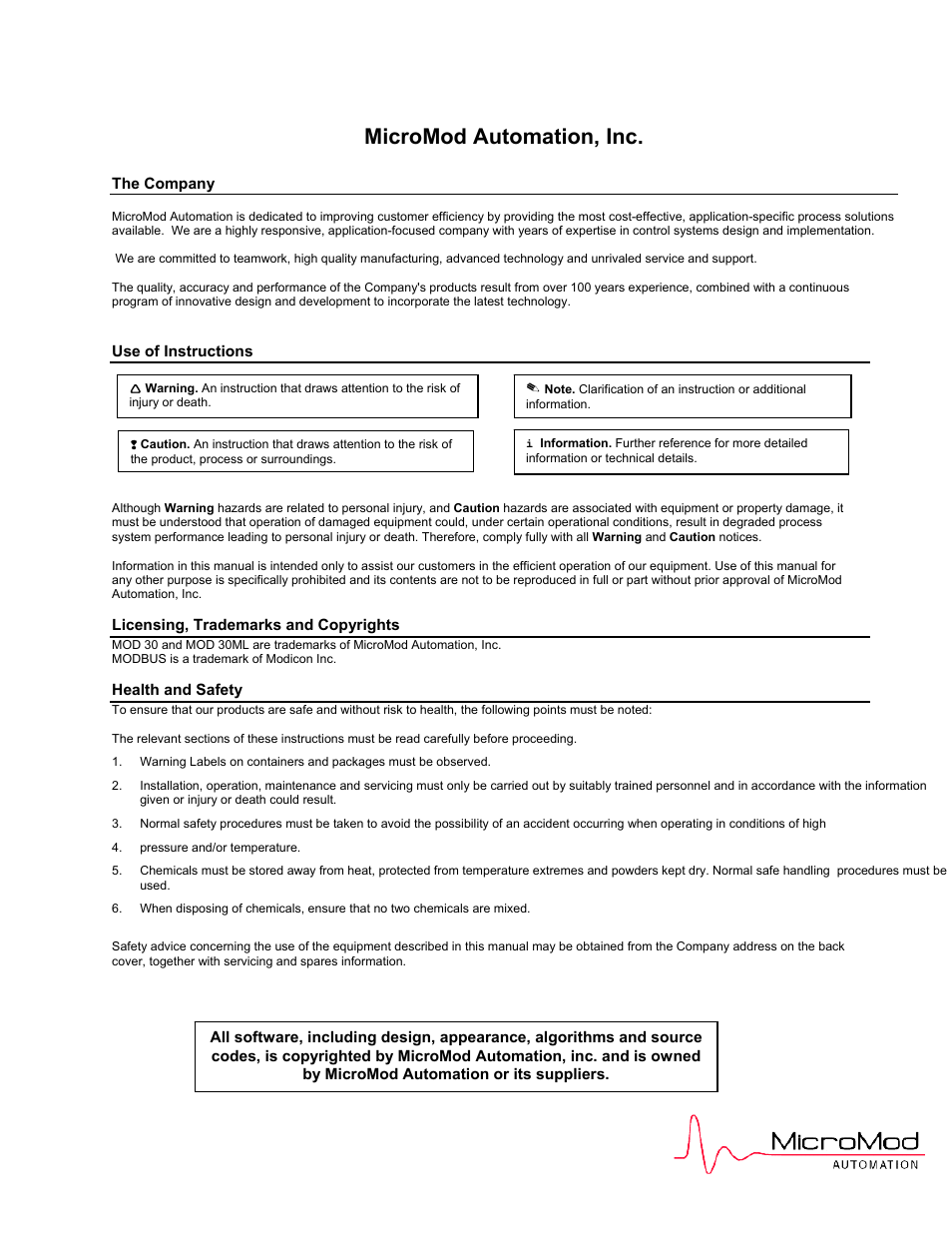 Micromod automation, inc | Micromod MOD: 1750N Output holder for MOD 30ML User Manual | Page 2 / 41