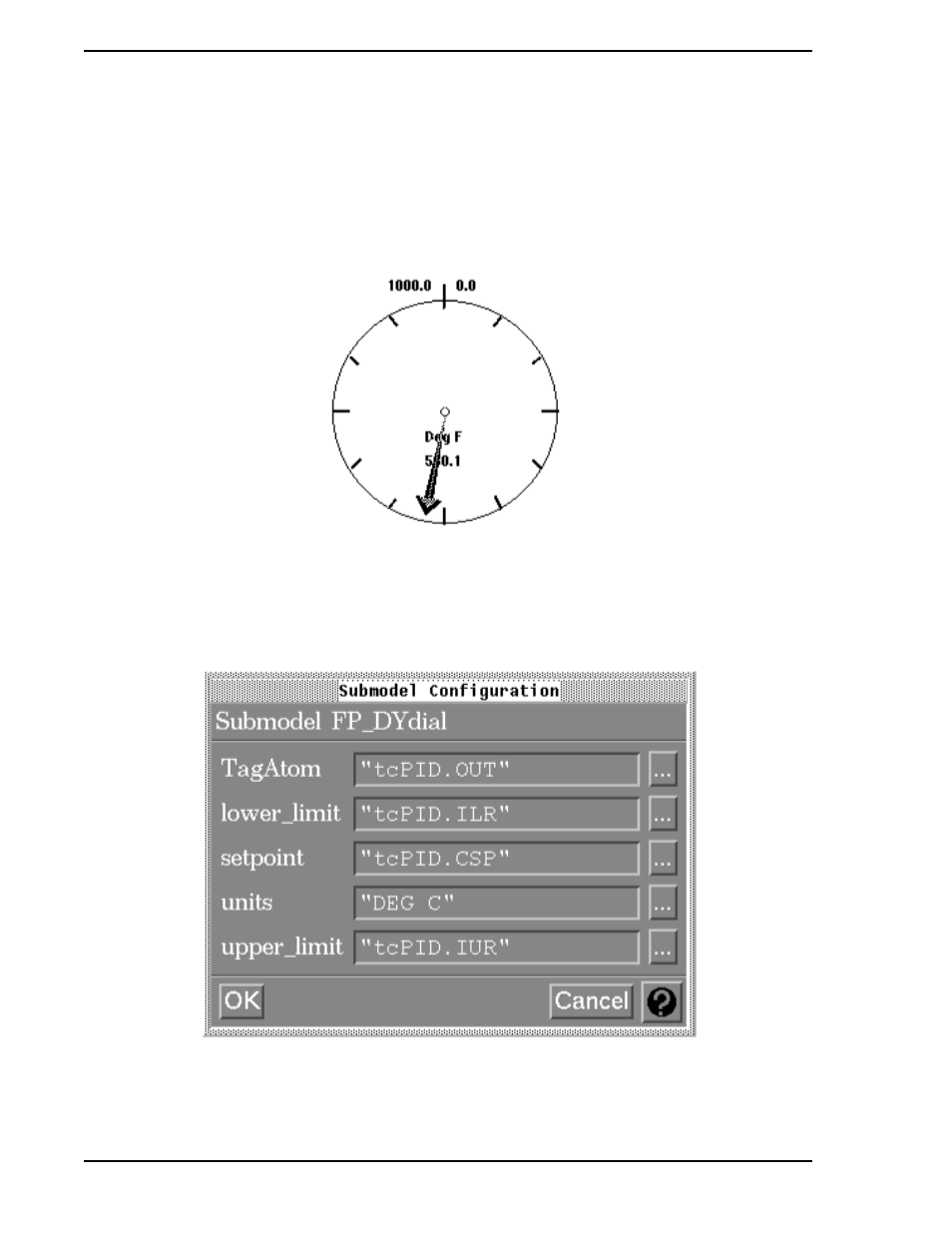 7 miscellaneous displays, 1 fp_dydial, Figure 4-78. dial submodel (fp_dydial) | Figure 4-79. dial submodel configuration window | Micromod Micro-PWC: 53PW6000 MicroPWC Configuration Guide User Manual | Page 216 / 368