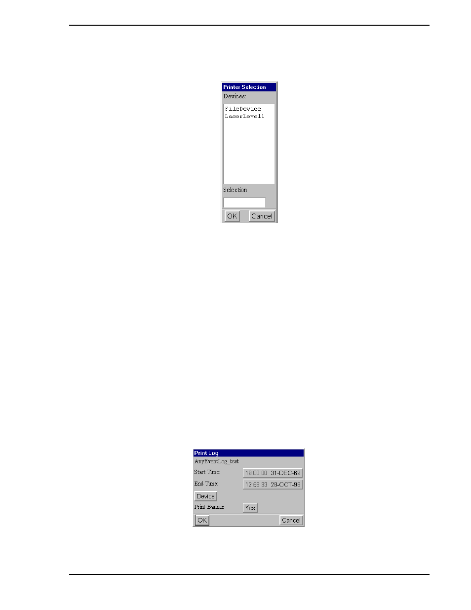 5 the print banner parameter, 6 the next occurrence indicator, 5 print event logs | Figure 6-5. printer selection window, Figure 6-6. print event log window, Figure 6-5 | Micromod Micro-PWC: 53PW6000 MicroPWC Configuration Guide User Manual | Page 263 / 368