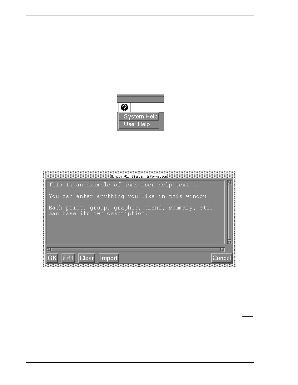 8 user help, 1 edit user help informaton, Figure 9-9. operator window help menu | Figure 9-10. display information window, Section 9.8 | Micromod Micro-PWC: 53PW6000 MicroPWC Configuration Guide User Manual | Page 300 / 368