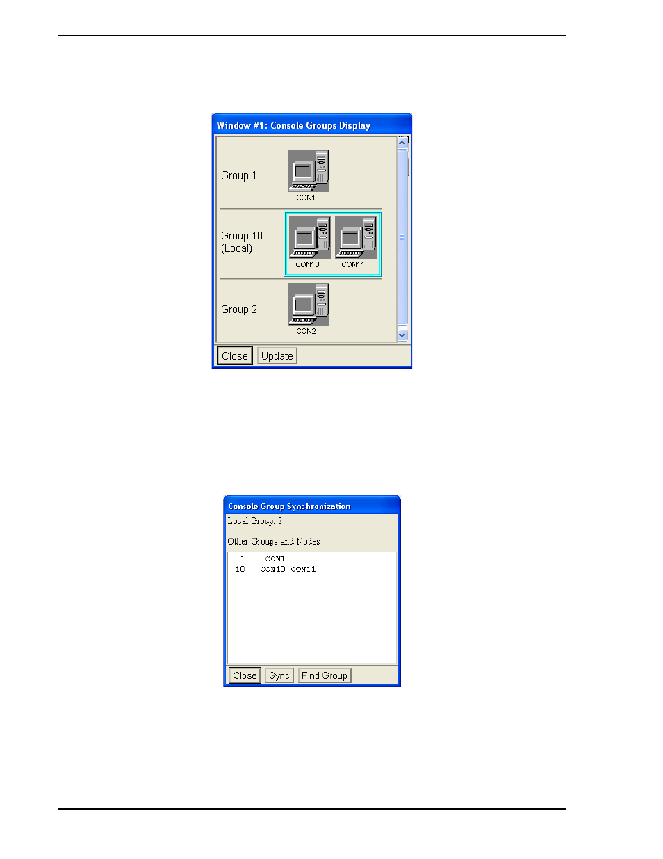 Figure 9-17. console groups display window, Figure 9-18. console group synchronization window, Figure 9-17 | Micromod Micro-PWC: 53PW6000 MicroPWC Configuration Guide User Manual | Page 310 / 368